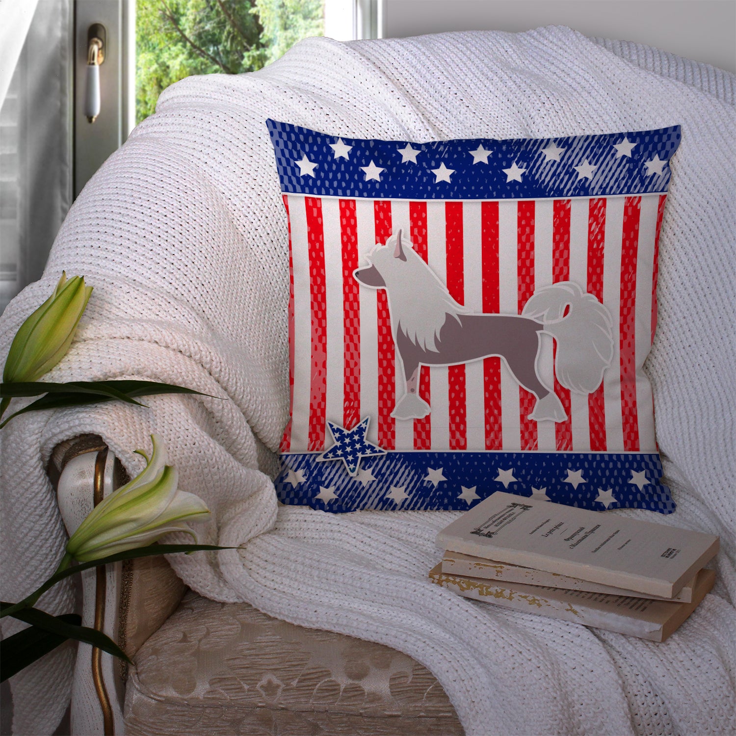 USA Patriotic Chinese Crested Fabric Decorative Pillow BB3343PW1414 - the-store.com