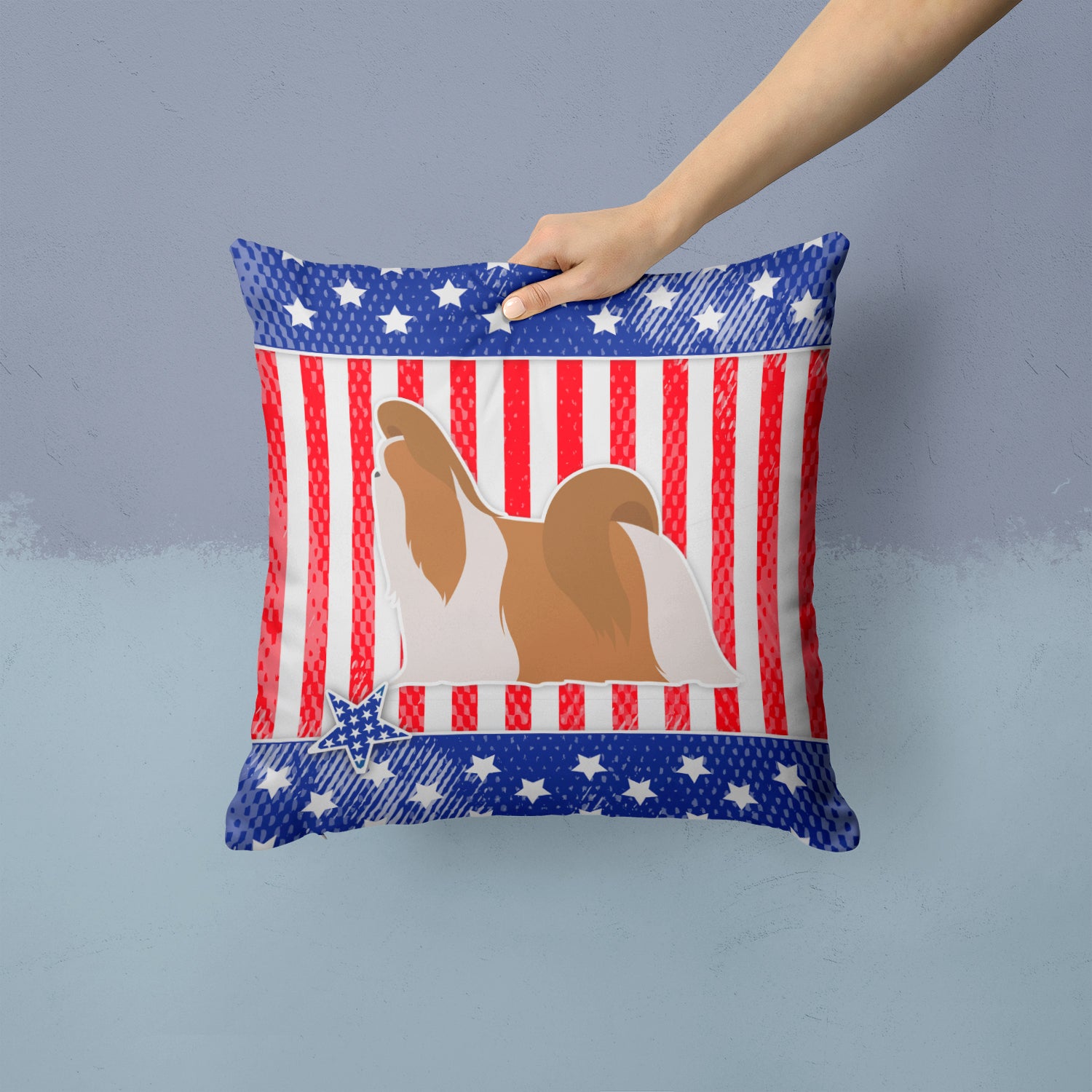 USA Patriotic Shih Tzu Fabric Decorative Pillow BB3346PW1414 - the-store.com