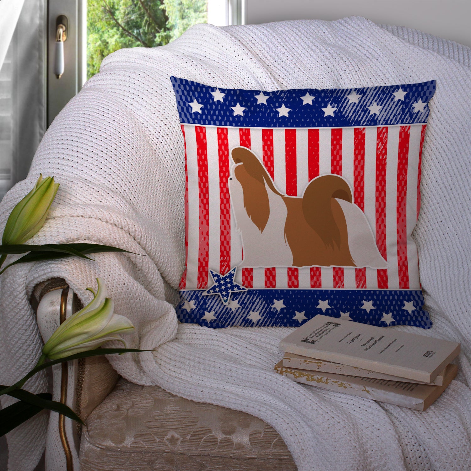 USA Patriotic Shih Tzu Fabric Decorative Pillow BB3346PW1414 - the-store.com