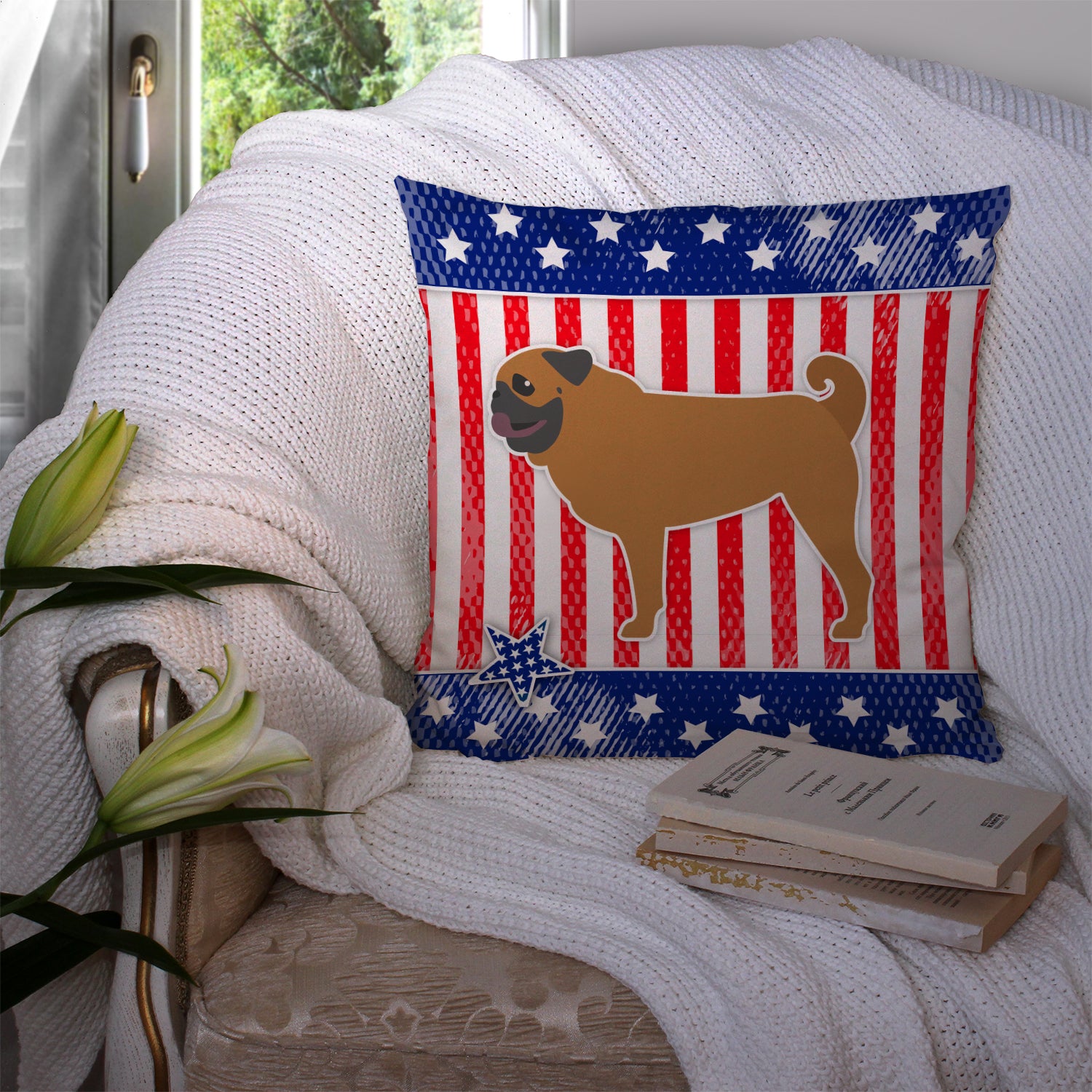 USA Patriotic Pug Fabric Decorative Pillow BB3347PW1414 - the-store.com