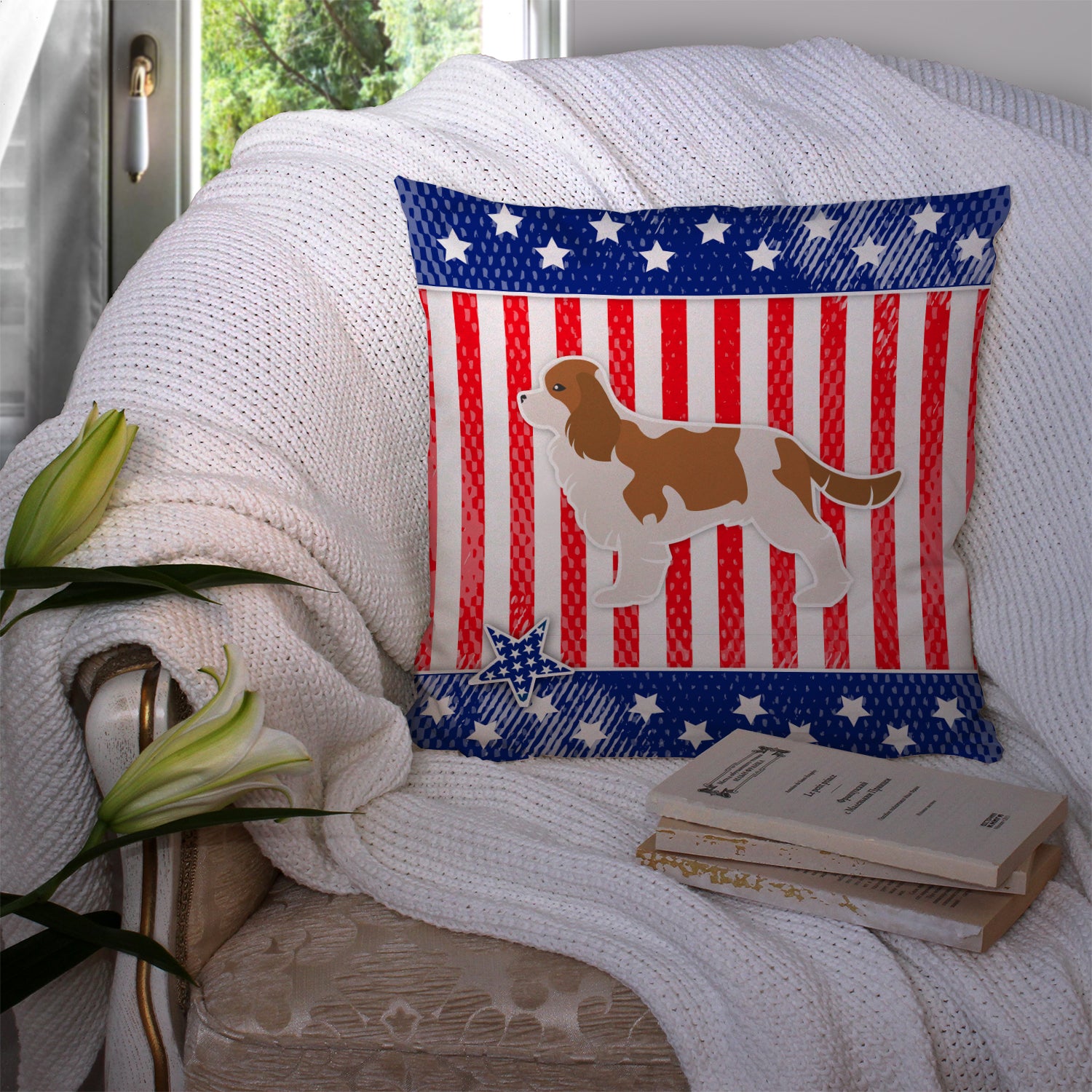 USA Patriotic Cavalier King Charles Spaniel Fabric Decorative Pillow BB3349PW1414 - the-store.com