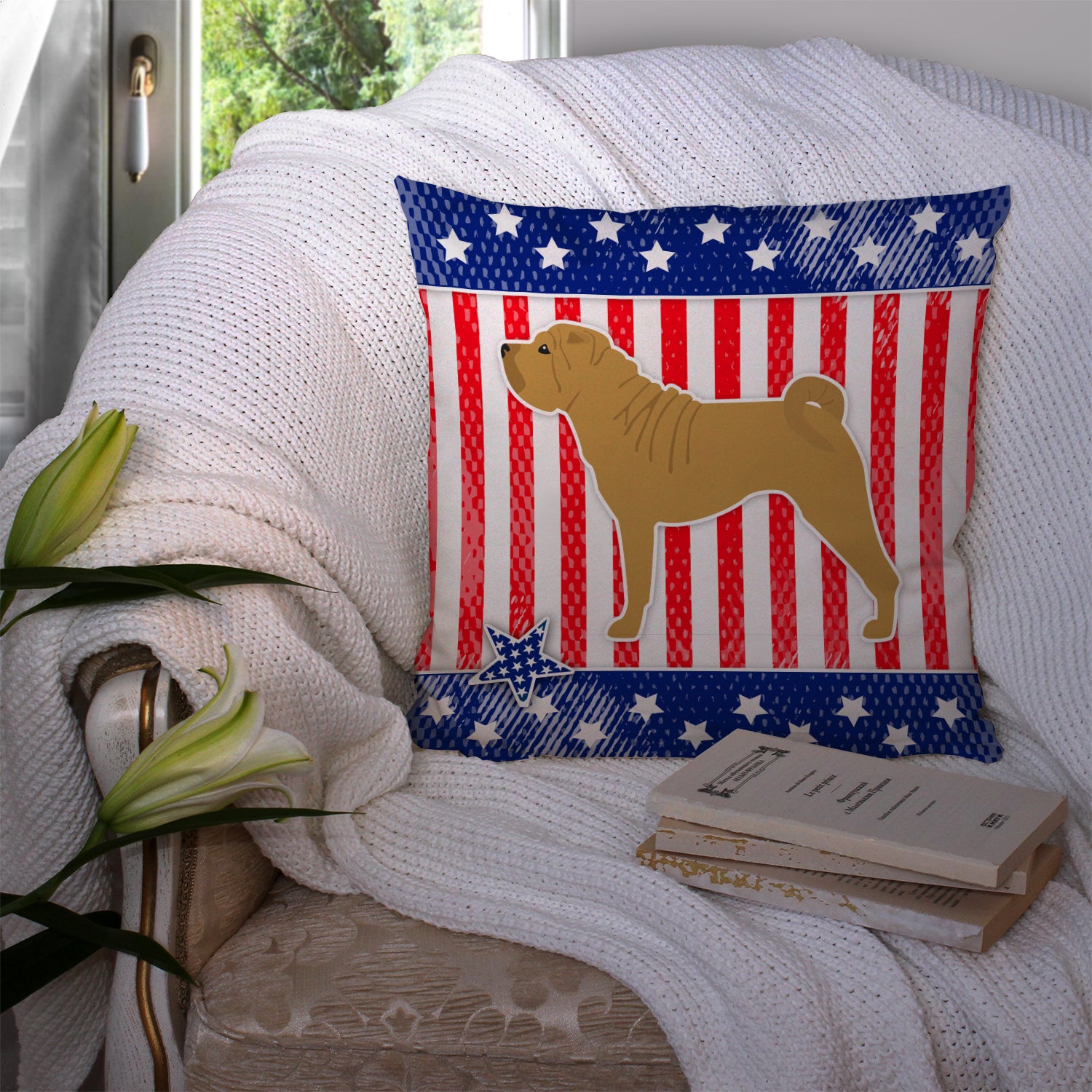 USA Patriotic Shar Pei Fabric Decorative Pillow BB3352PW1414 - the-store.com