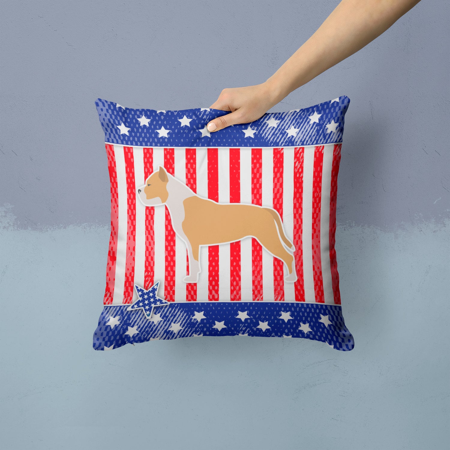 USA Patriotic Staffordshire Bull Terrier Fabric Decorative Pillow BB3354PW1414 - the-store.com
