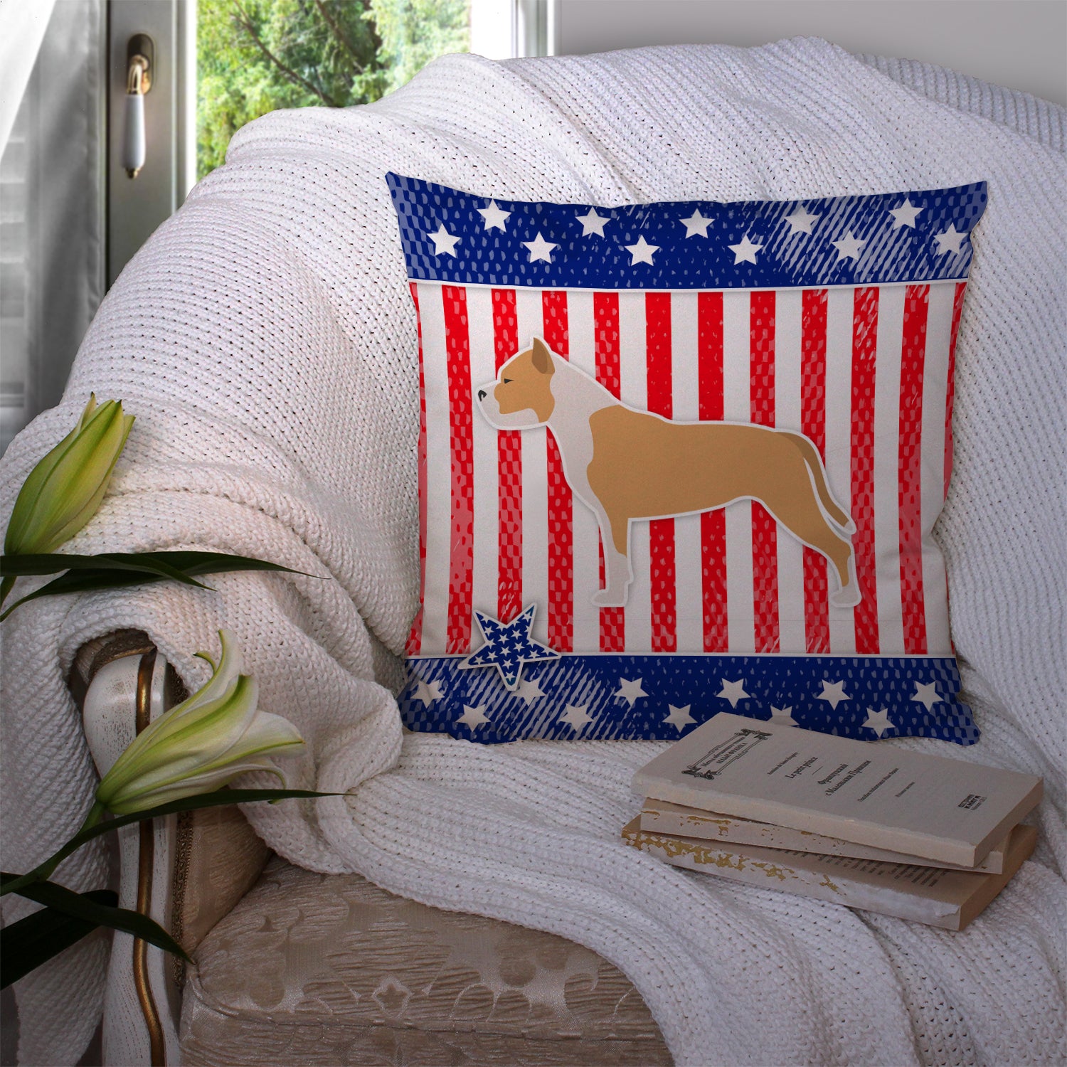 USA Patriotic Staffordshire Bull Terrier Fabric Decorative Pillow BB3354PW1414 - the-store.com