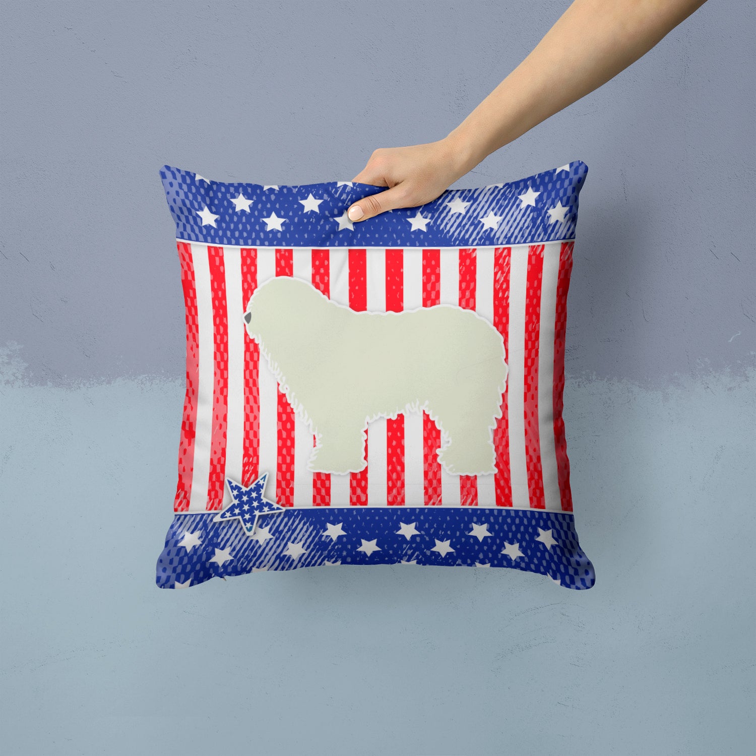 USA Patriotic Komondor Fabric Decorative Pillow BB3355PW1414 - the-store.com