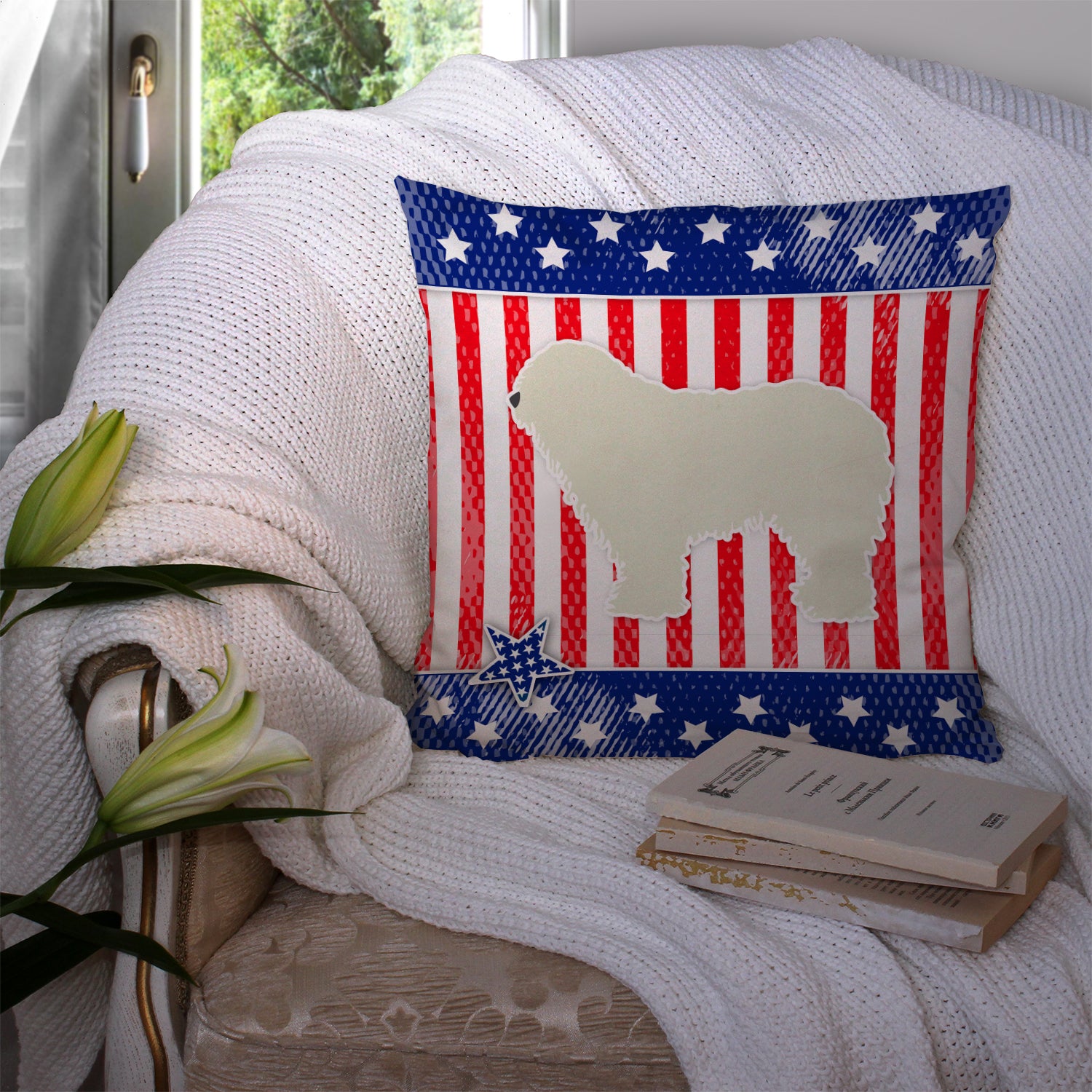 USA Patriotic Komondor Fabric Decorative Pillow BB3355PW1414 - the-store.com