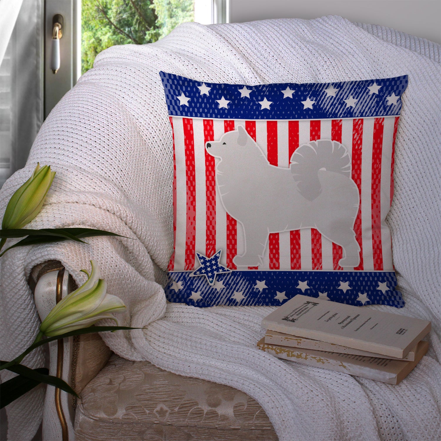 USA Patriotic Samoyed Fabric Decorative Pillow BB3359PW1414 - the-store.com
