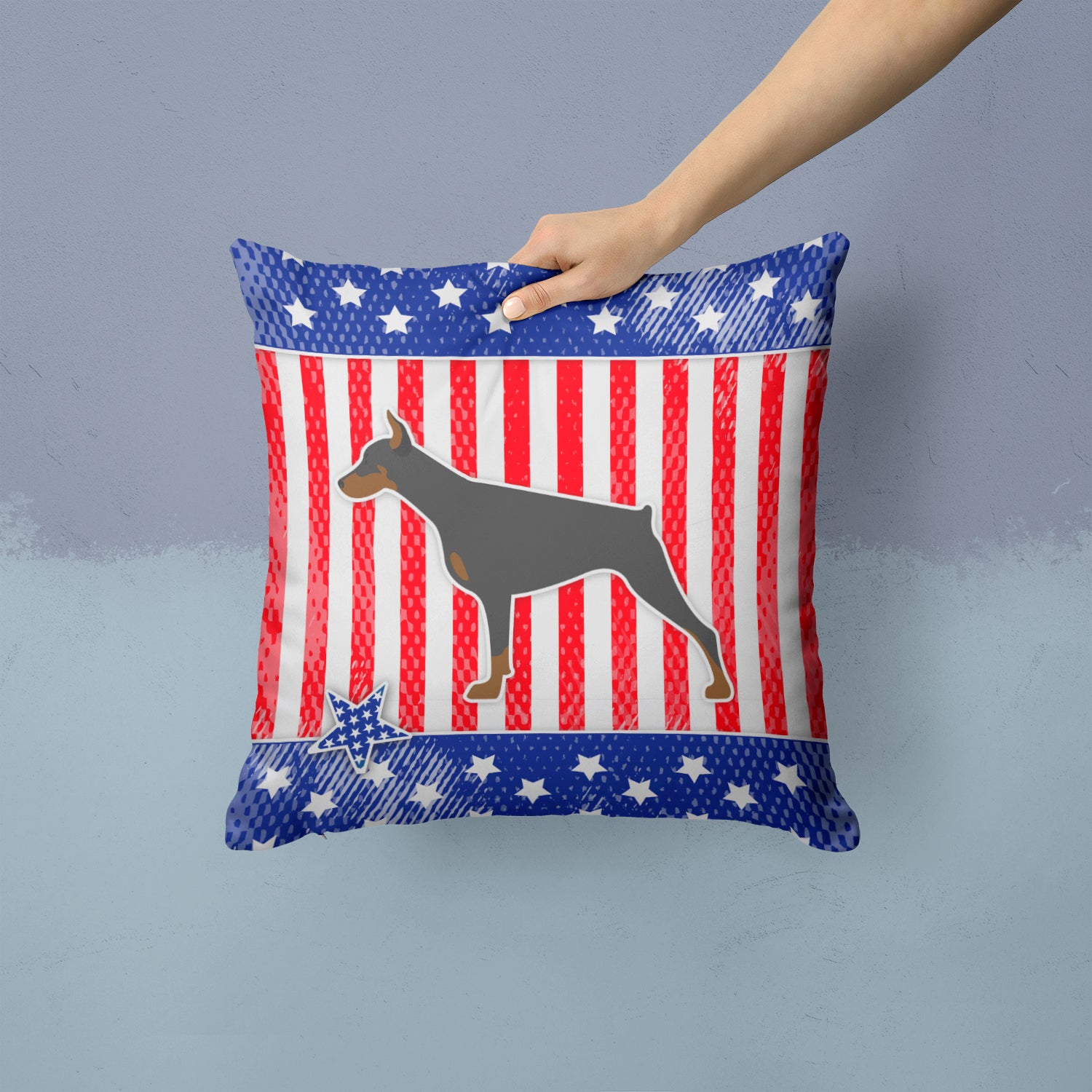 USA Patriotic Doberman Pinscher Fabric Decorative Pillow BB3360PW1414 - the-store.com