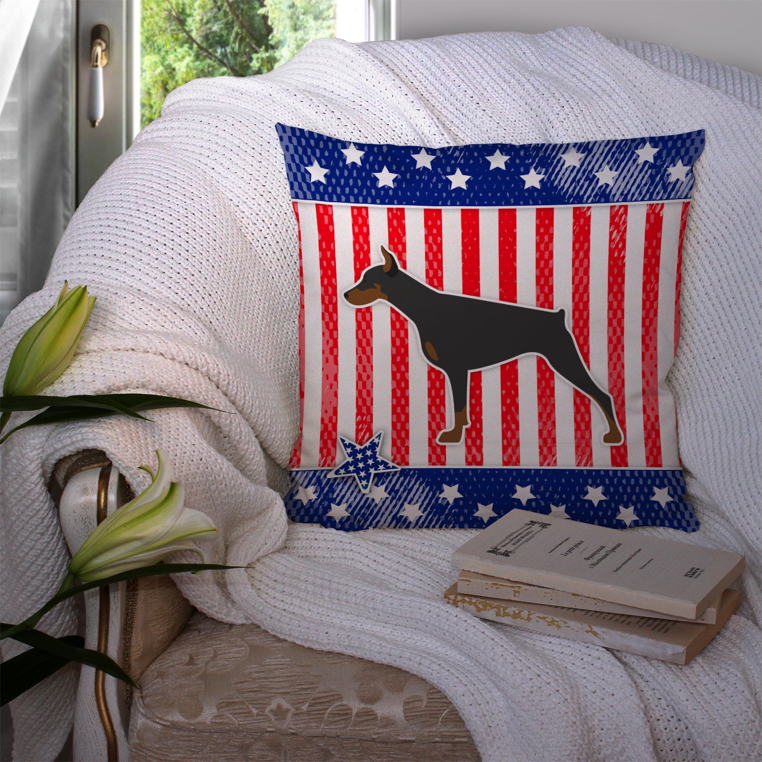 USA Patriotic Doberman Pinscher Fabric Decorative Pillow BB3360PW1414 - the-store.com