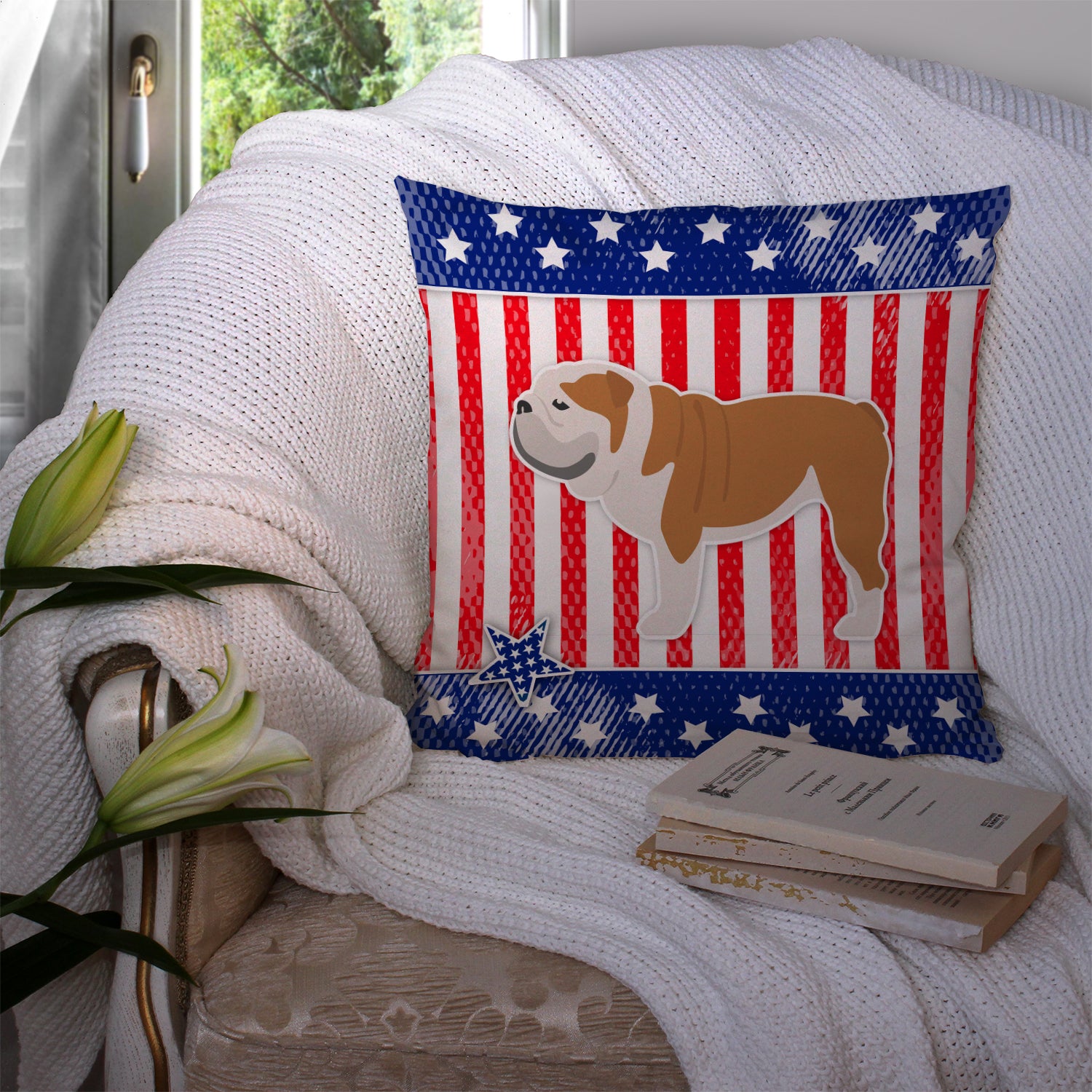 USA Patriotic English Bulldog Fabric Decorative Pillow BB3362PW1414 - the-store.com