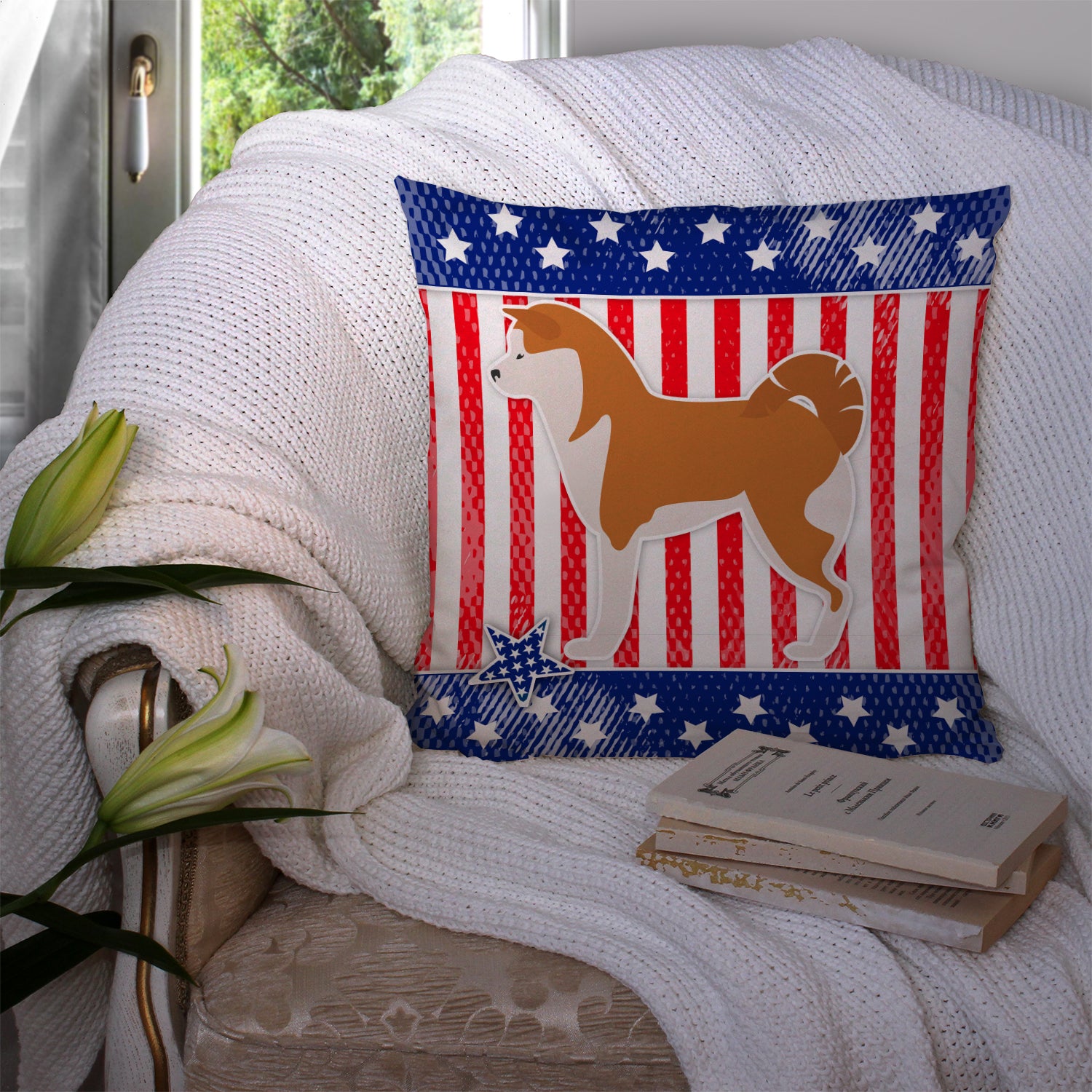 USA Patriotic Akita Fabric Decorative Pillow BB3372PW1414 - the-store.com