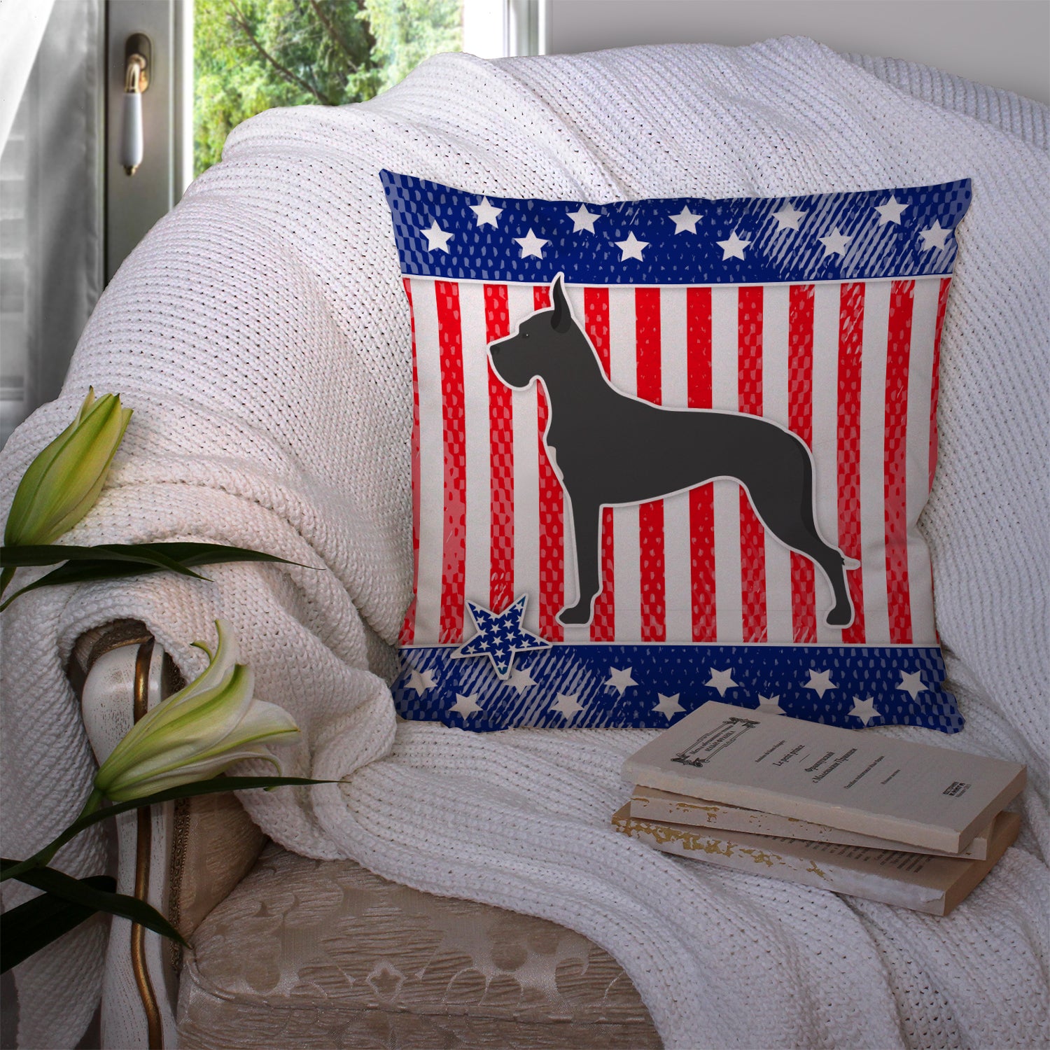 USA Patriotic Great Dane Fabric Decorative Pillow BB3375PW1414 - the-store.com