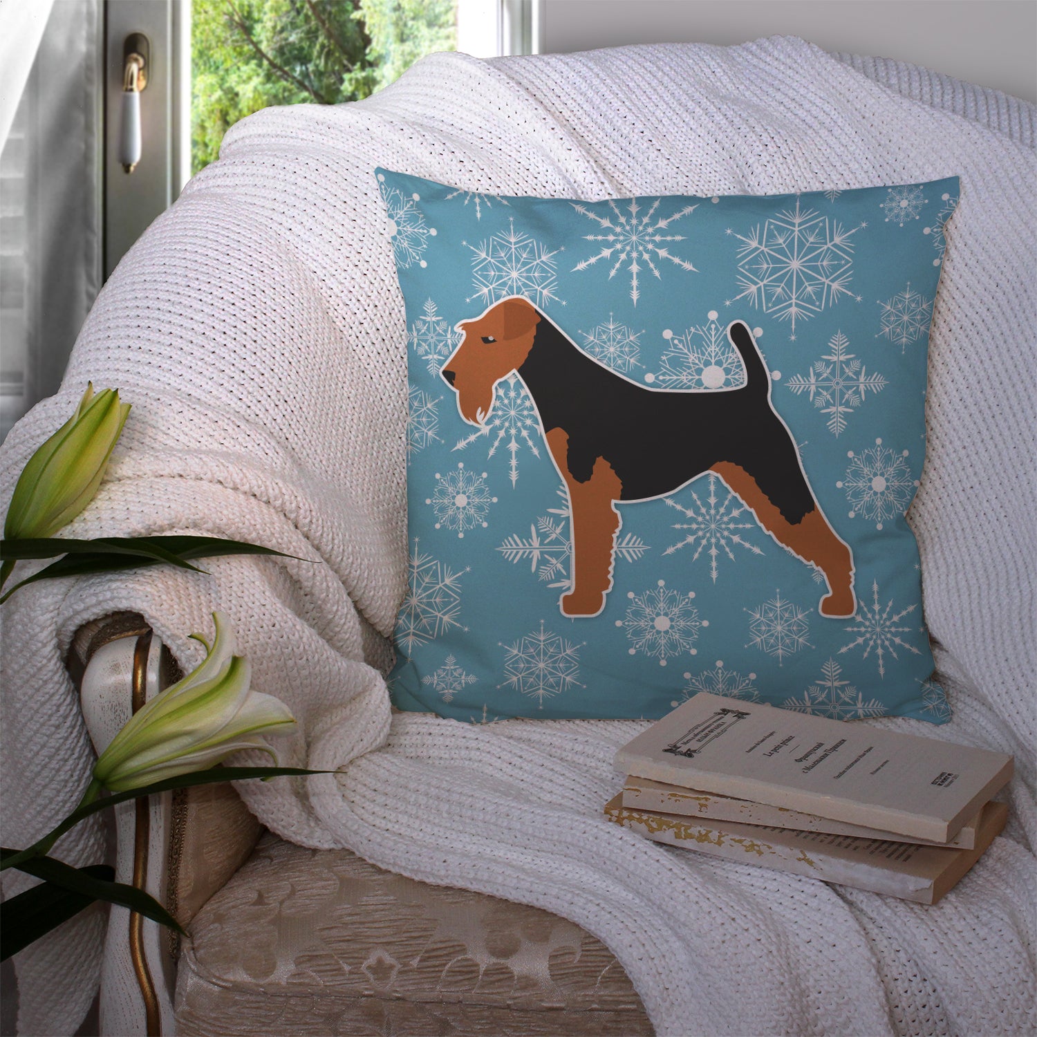 Winter Snowflake Welsh Terrier Fabric Decorative Pillow BB3485PW1414 - the-store.com
