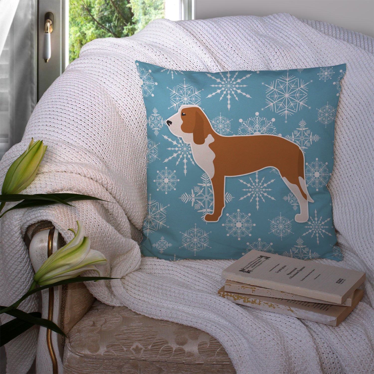 Winter Snowflake Spanish Hound Fabric Decorative Pillow BB3491PW1414 - the-store.com