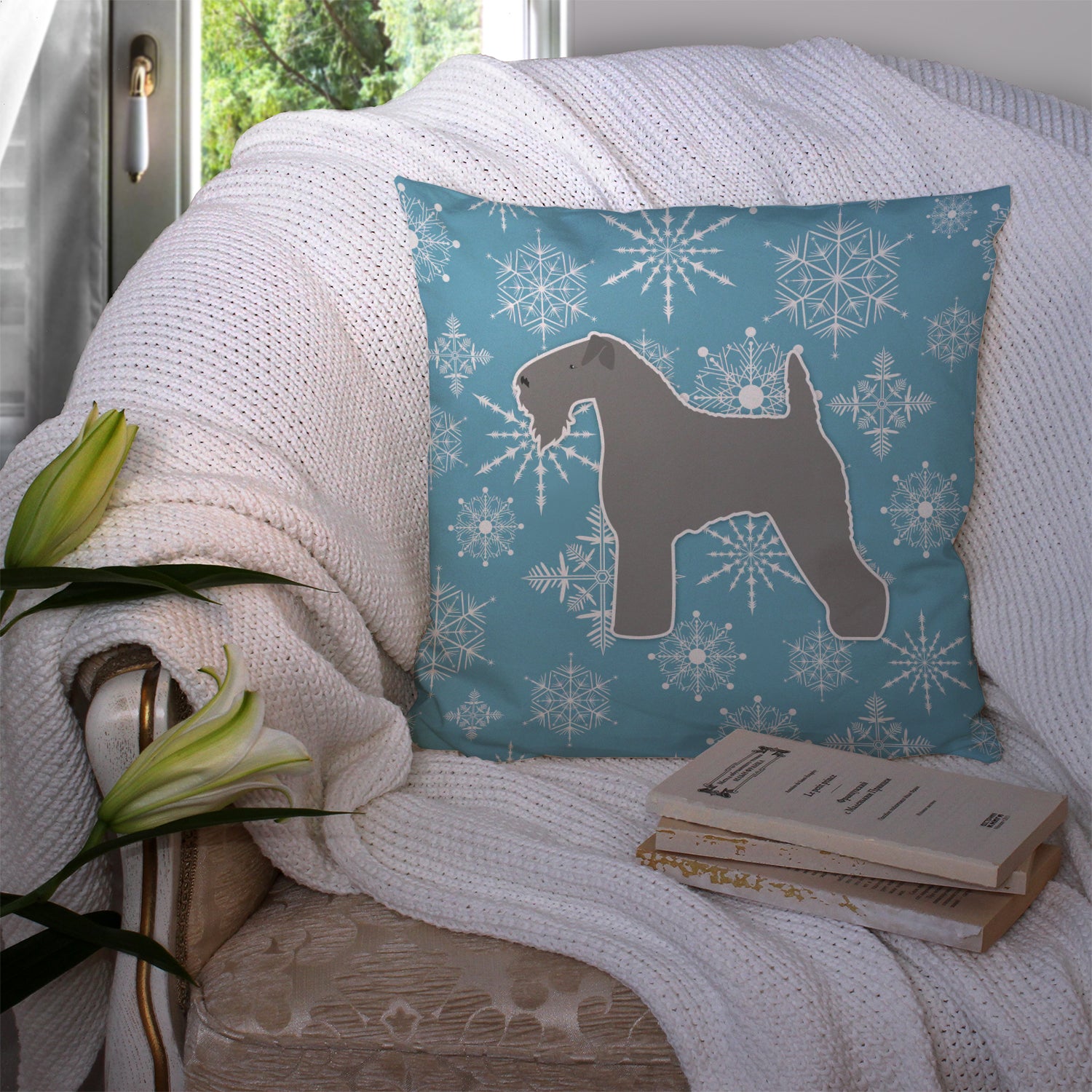 Winter Snowflake Kerry Blue Terrier Fabric Decorative Pillow BB3492PW1414 - the-store.com