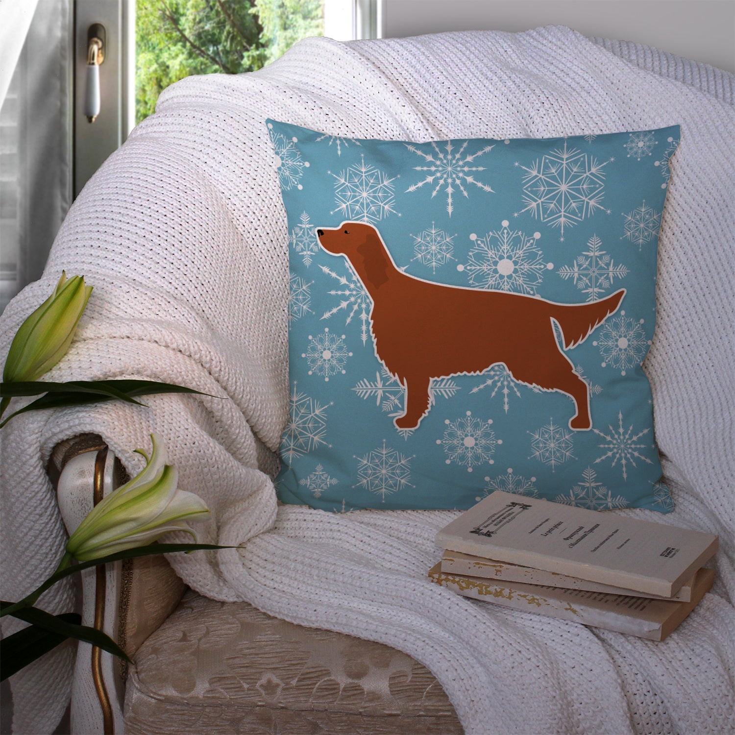 Winter Snowflake Irish Setter Fabric Decorative Pillow BB3493PW1414 - the-store.com