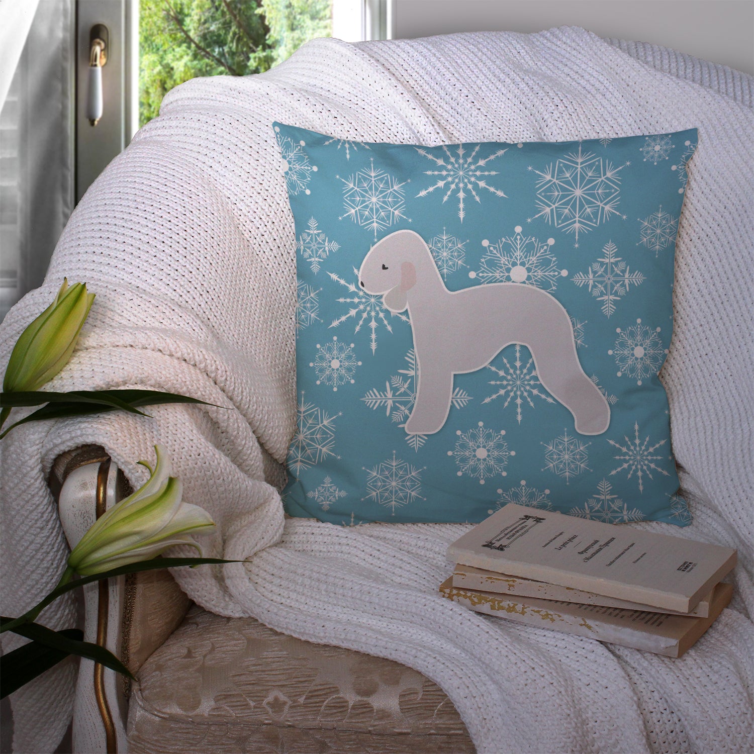 Winter Snowflake Bedlington Terrier Fabric Decorative Pillow BB3494PW1414 - the-store.com