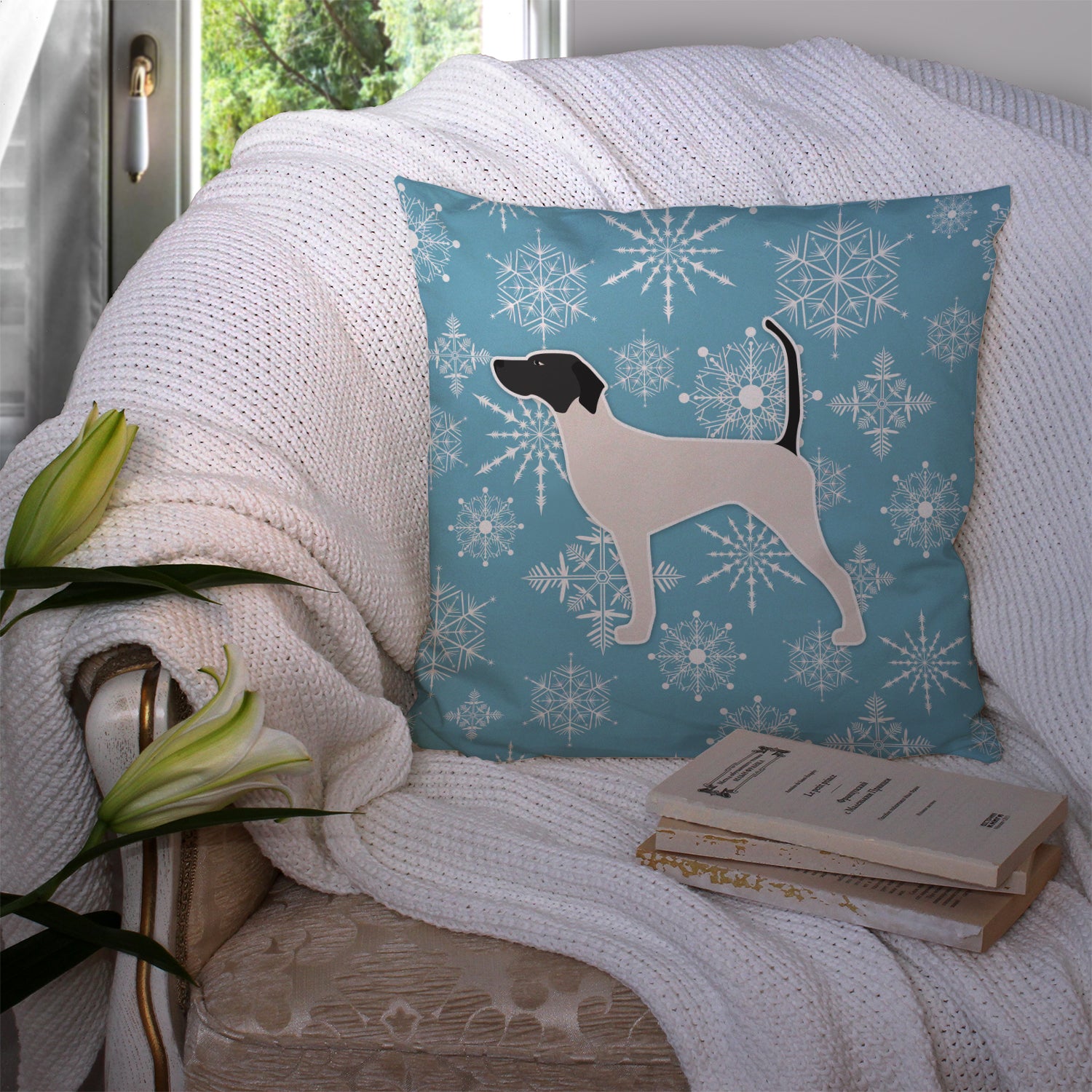Winter Snowflake English Pointer Fabric Decorative Pillow BB3495PW1414 - the-store.com