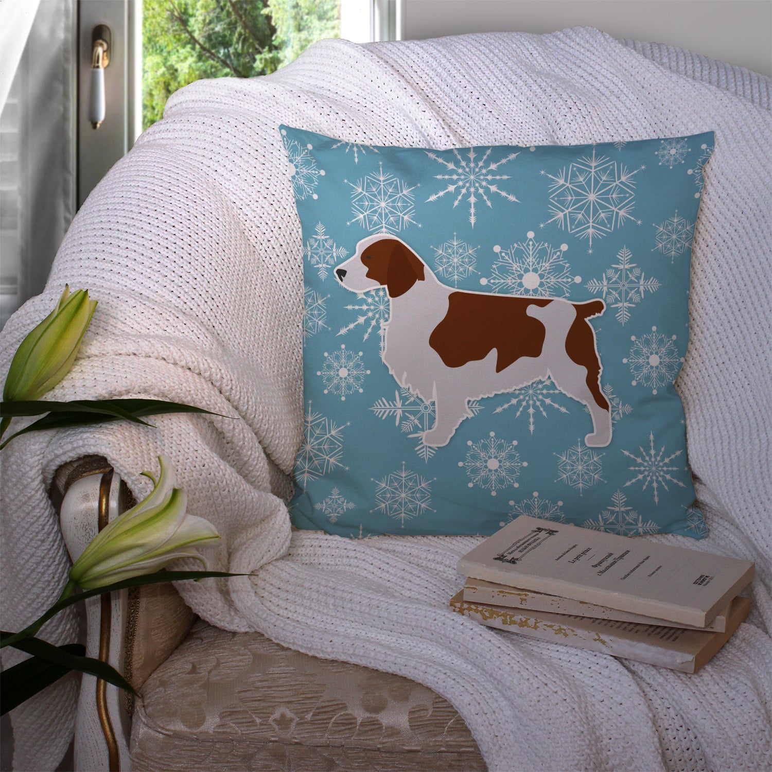 Winter Snowflake Welsh Springer Spaniel Fabric Decorative Pillow BB3500PW1414 - the-store.com