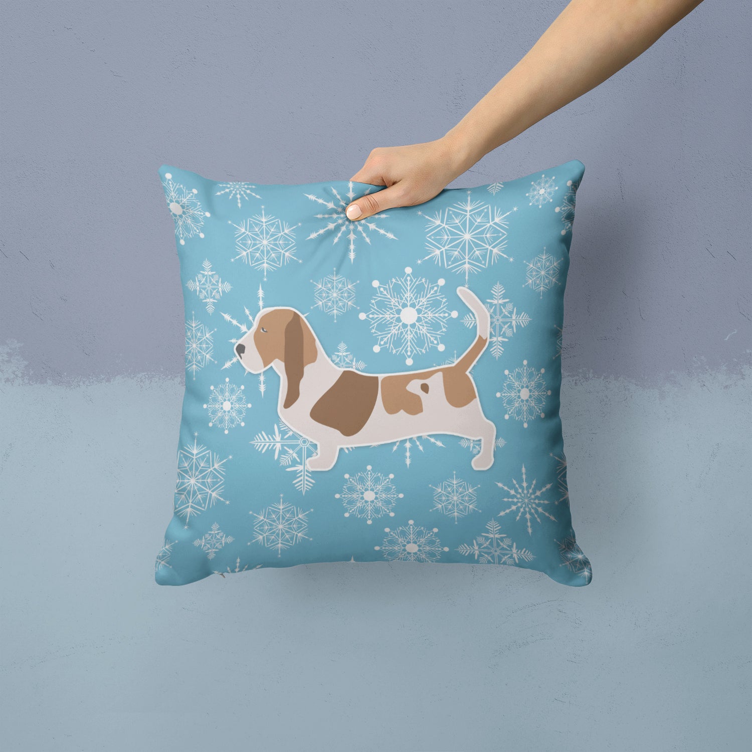 Winter Snowflake Basset Hound Fabric Decorative Pillow BB3502PW1414 - the-store.com