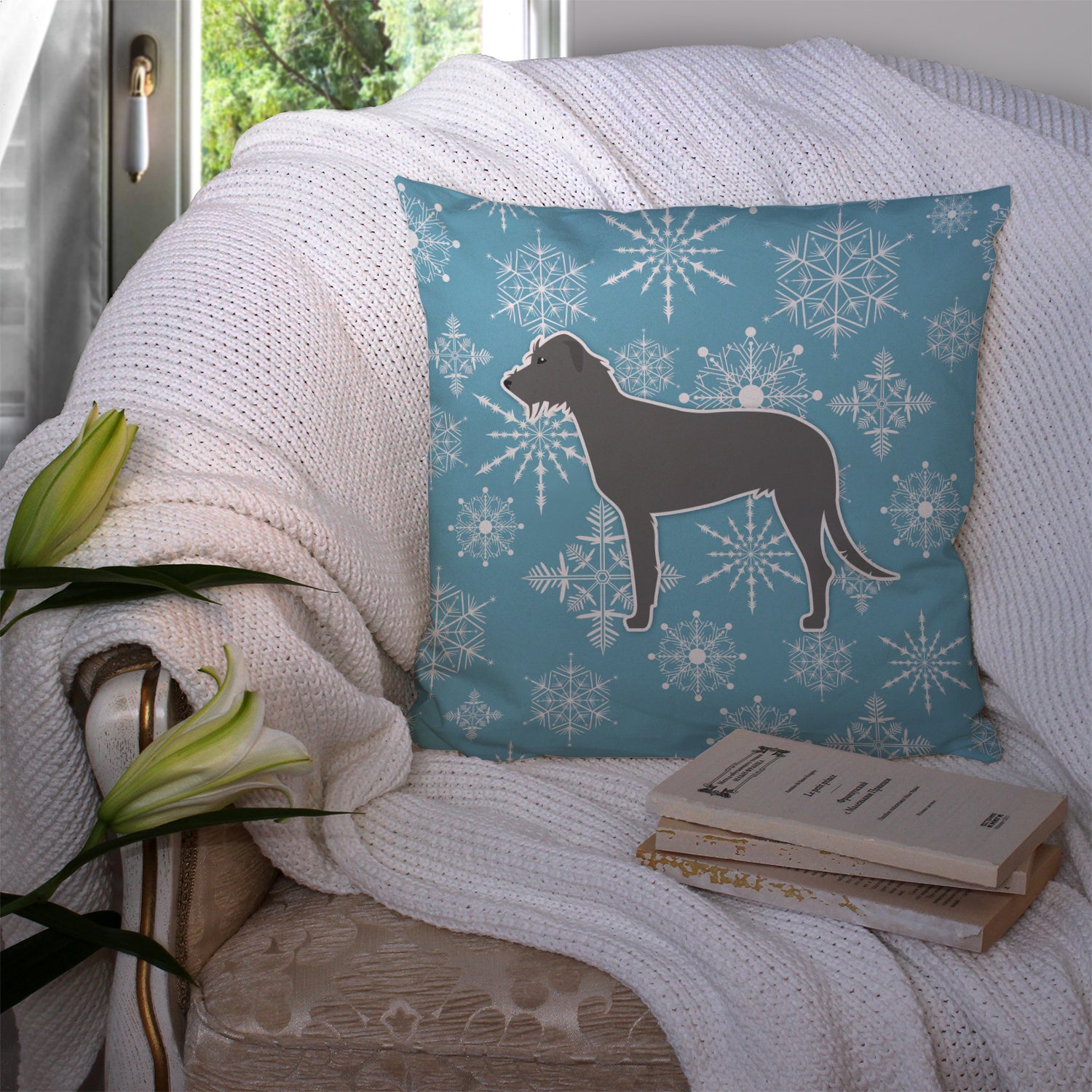 Winter Snowflake Irish Wolfhound Fabric Decorative Pillow BB3503PW1414 - the-store.com
