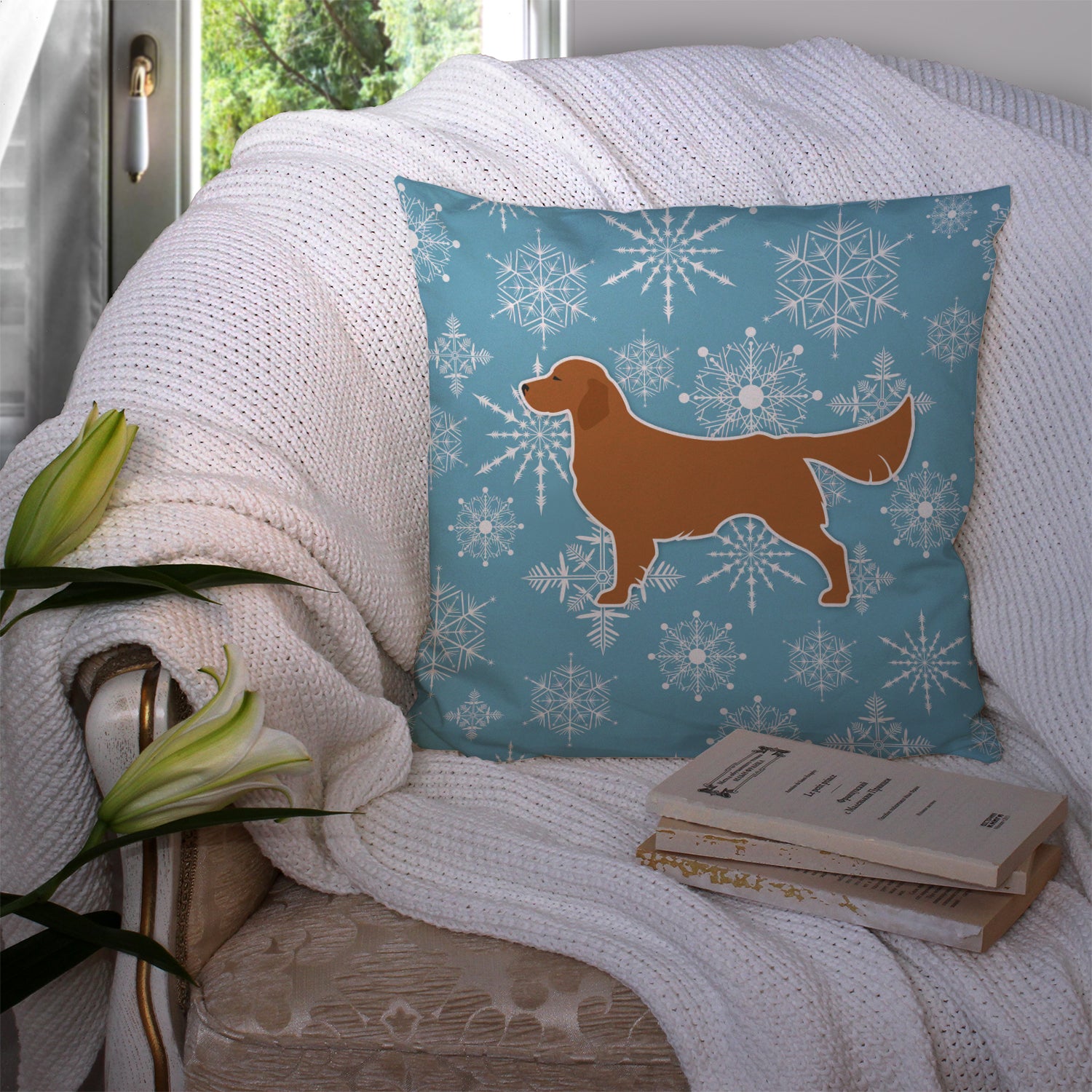 Winter Snowflake Golden Retriever Fabric Decorative Pillow BB3504PW1414 - the-store.com