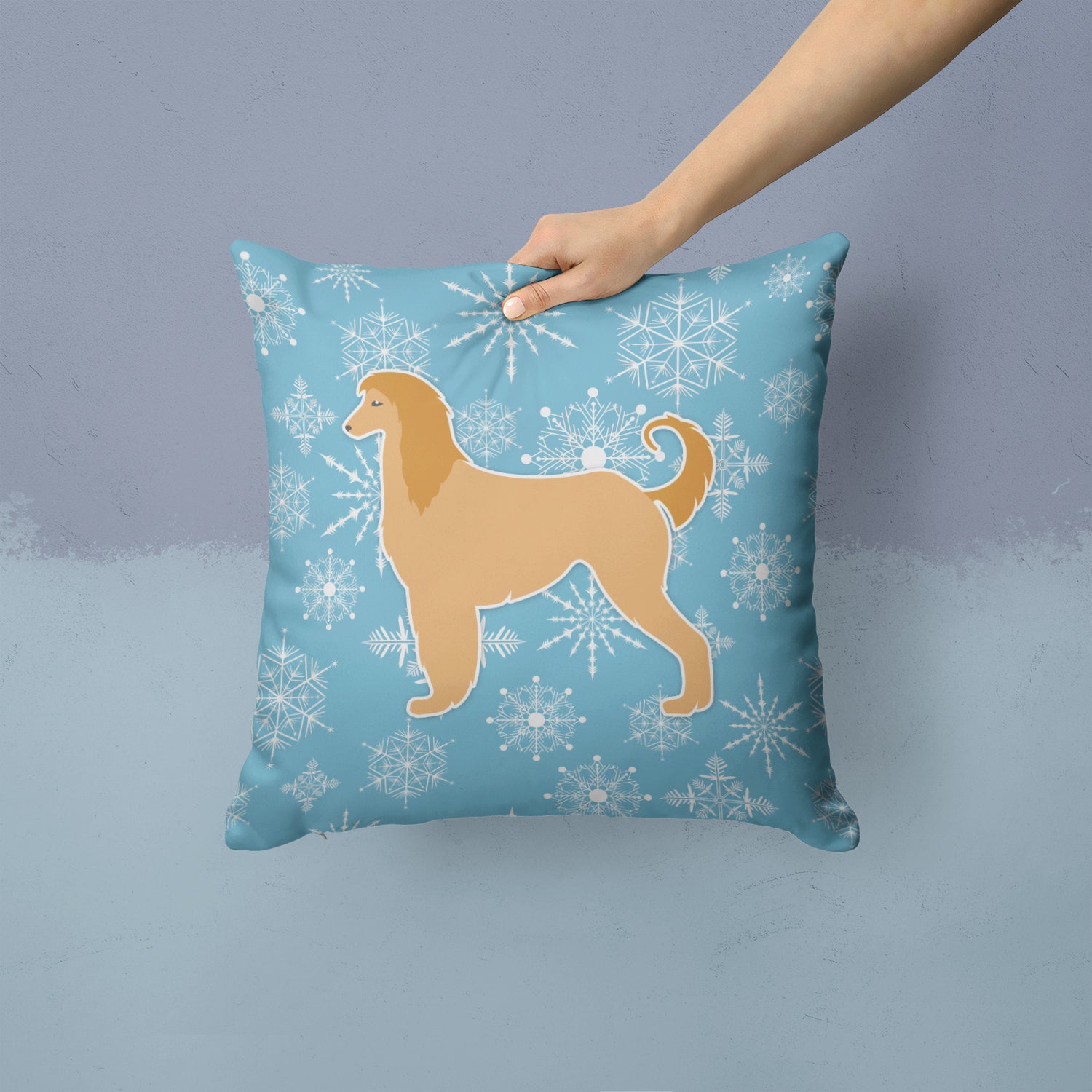 Caroline's Treasures Winter Snowflake Afghan Hound Throw Pillow - 14x14 Decorative Pillow – Art for Your Home & Patio BB3506PW1414