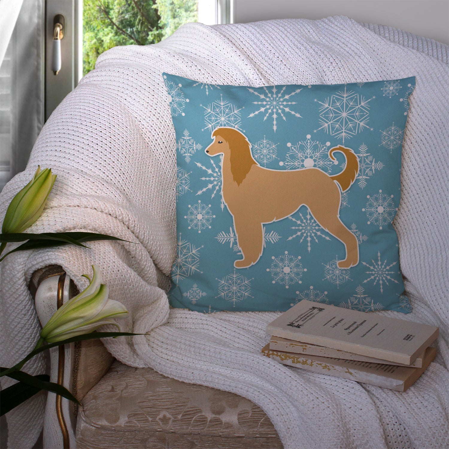 Winter Snowflake Afghan Hound Fabric Decorative Pillow BB3506PW1414 - the-store.com