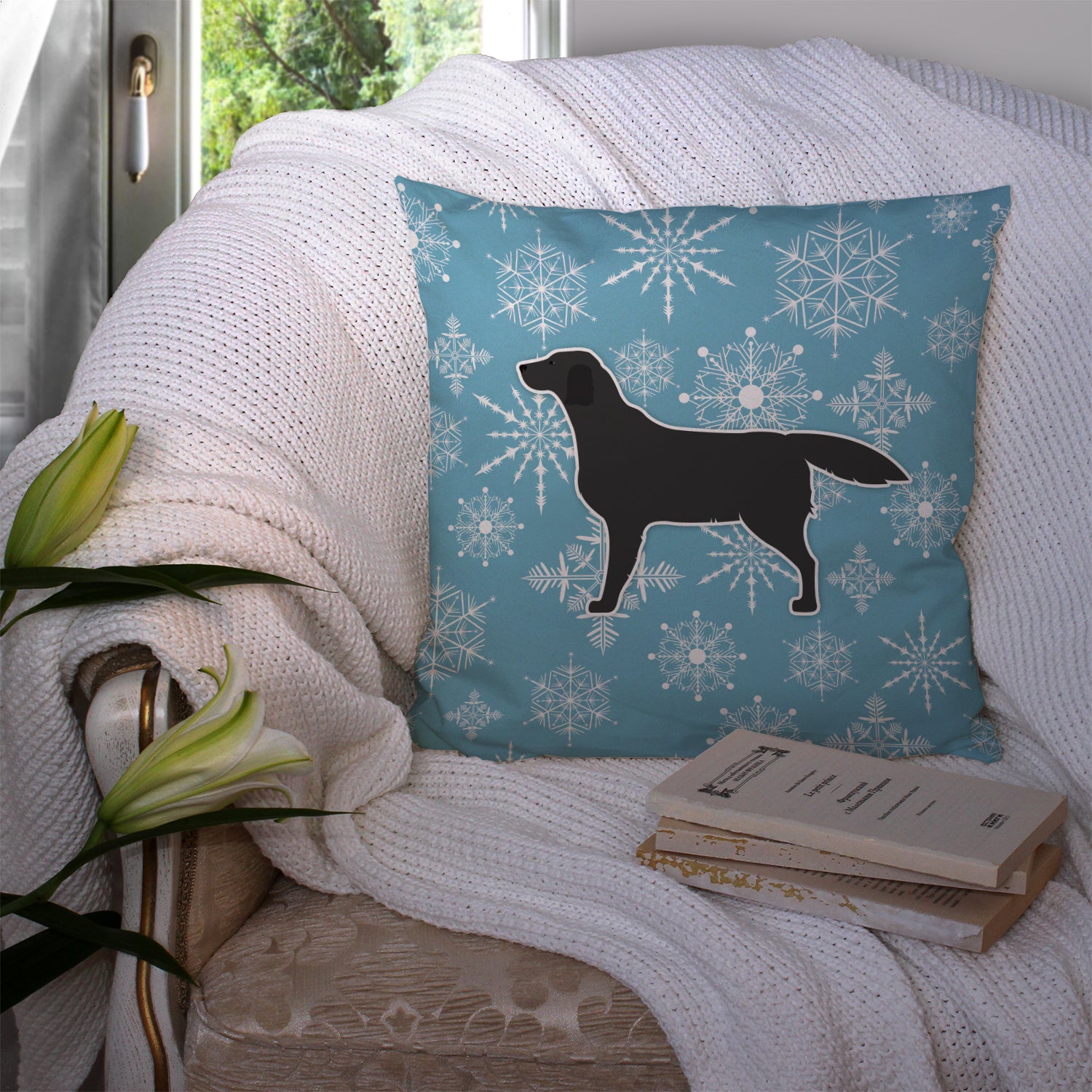 Winter Snowflake Black Labrador Retriever Fabric Decorative Pillow BB3508PW1414 - the-store.com