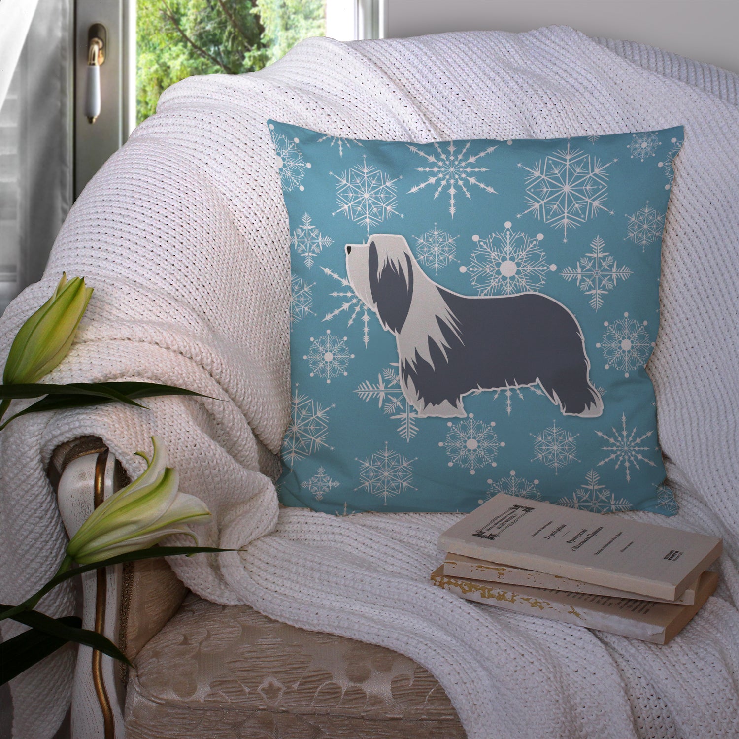 Winter Snowflake Bearded Collie Fabric Decorative Pillow BB3517PW1414 - the-store.com
