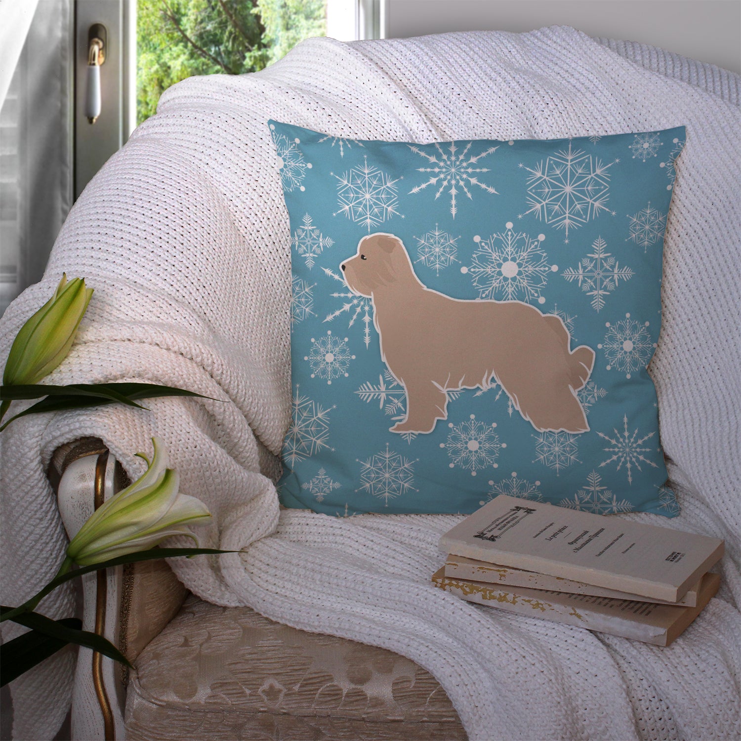 Winter Snowflake Pyrenean Shepherd Fabric Decorative Pillow BB3518PW1414 - the-store.com