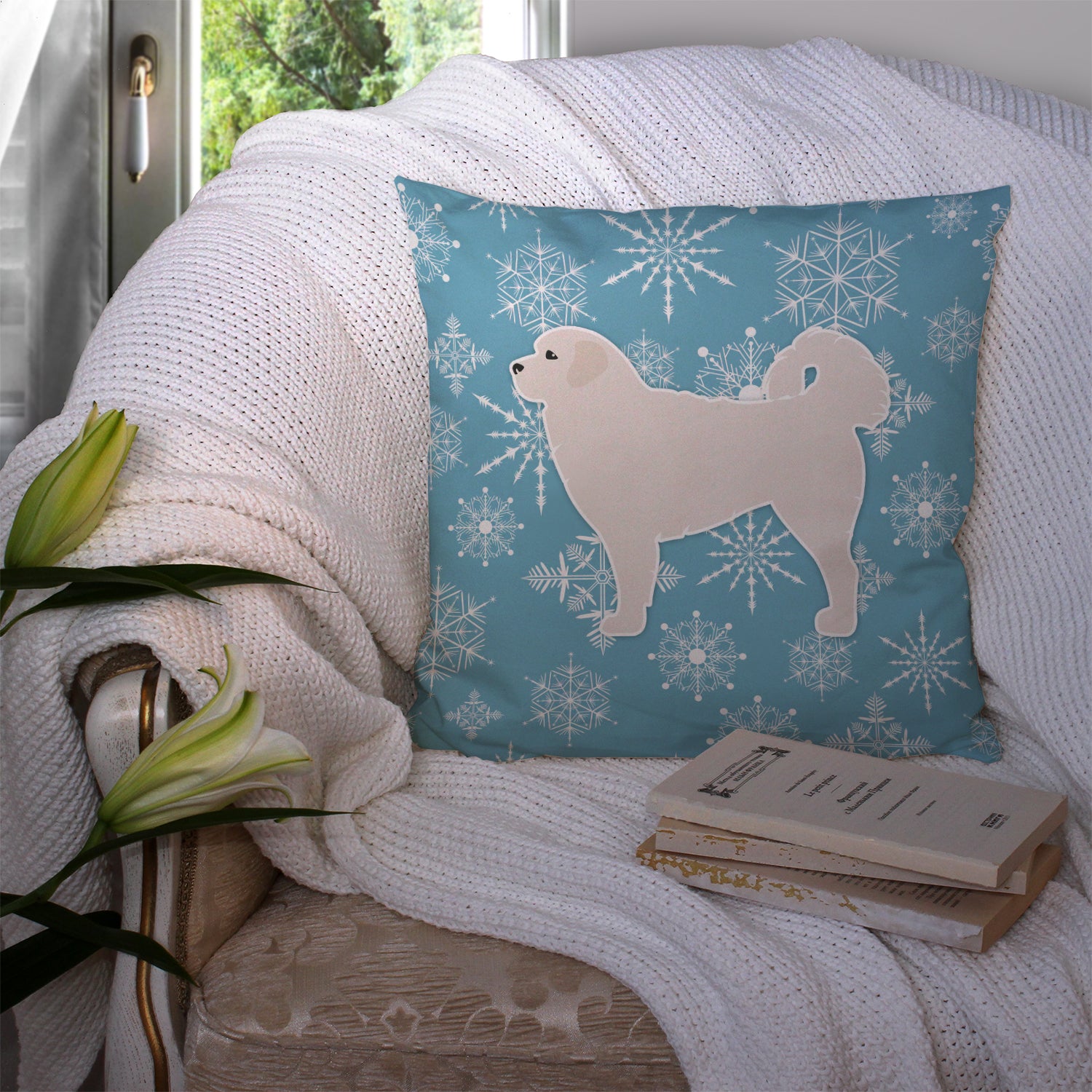 Winter Snowflake Polish Tatra Sheepdog Fabric Decorative Pillow BB3527PW1414 - the-store.com