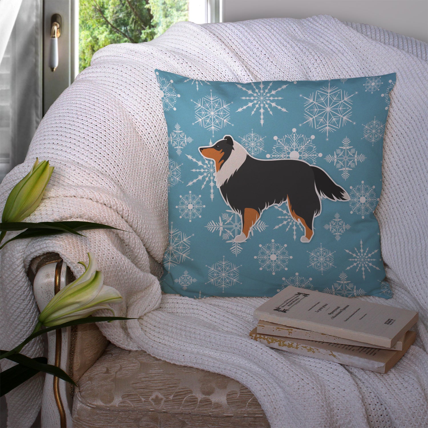Winter Snowflake Sheltie/Shetland Sheepdog Fabric Decorative Pillow BB3530PW1414 - the-store.com