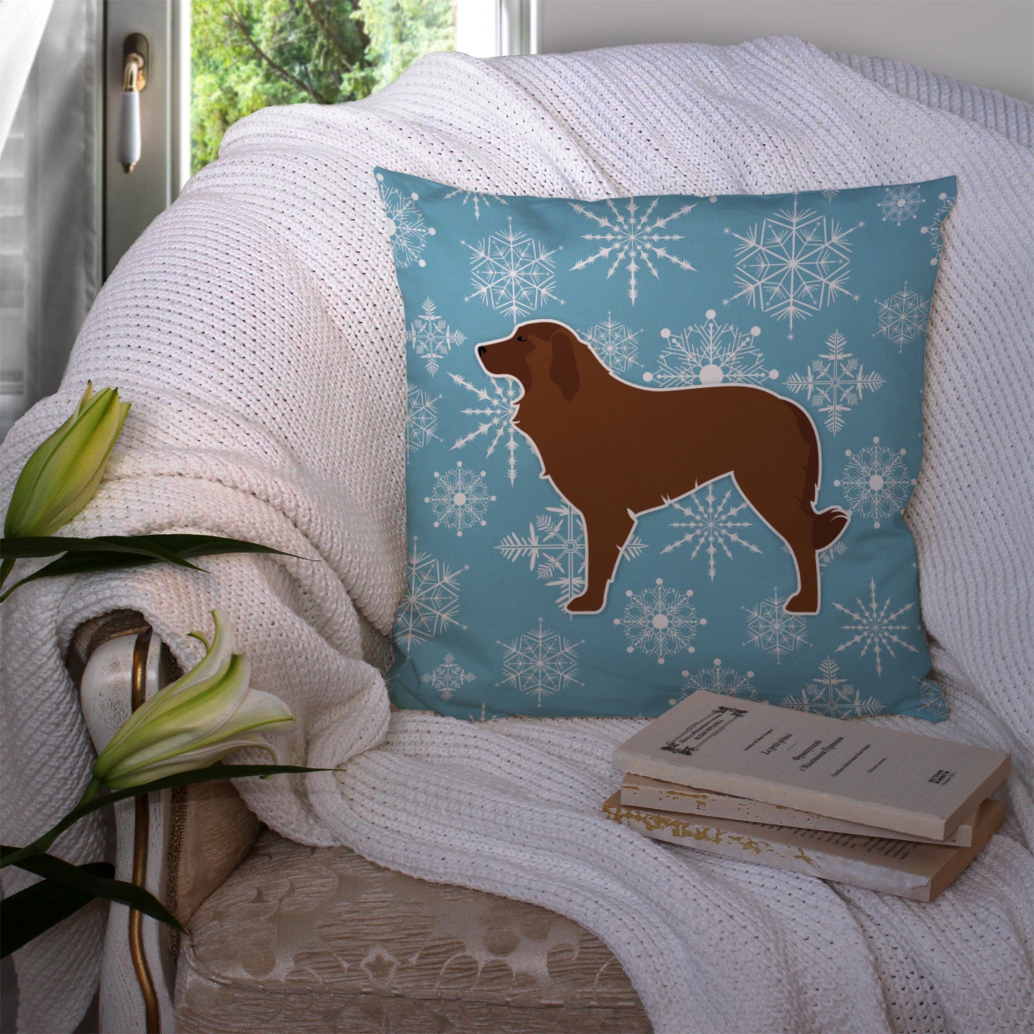 Winter Snowflake Portuguese Sheepdog Dog Fabric Decorative Pillow BB3531PW1414 - the-store.com
