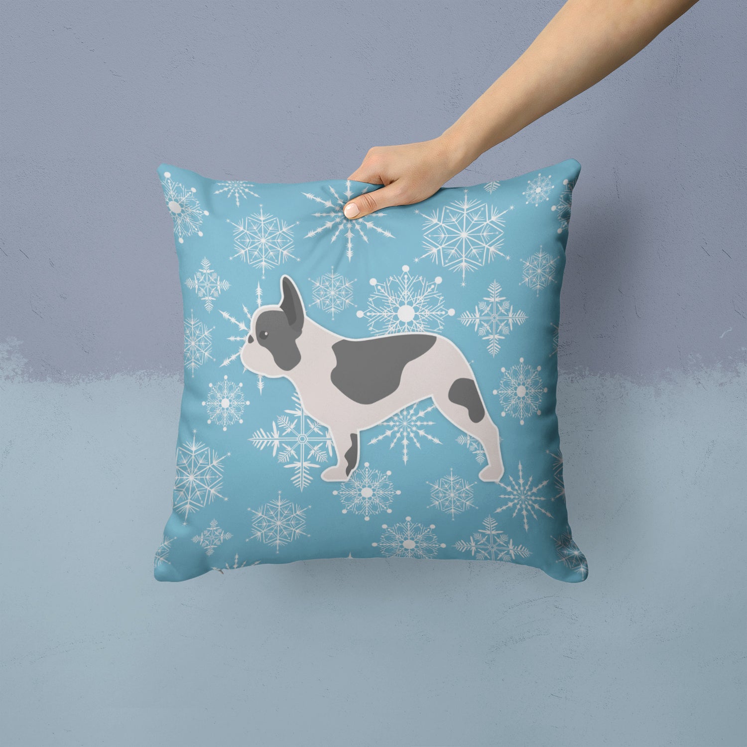 Winter Snowflake French Bulldog Fabric Decorative Pillow BB3541PW1414 - the-store.com