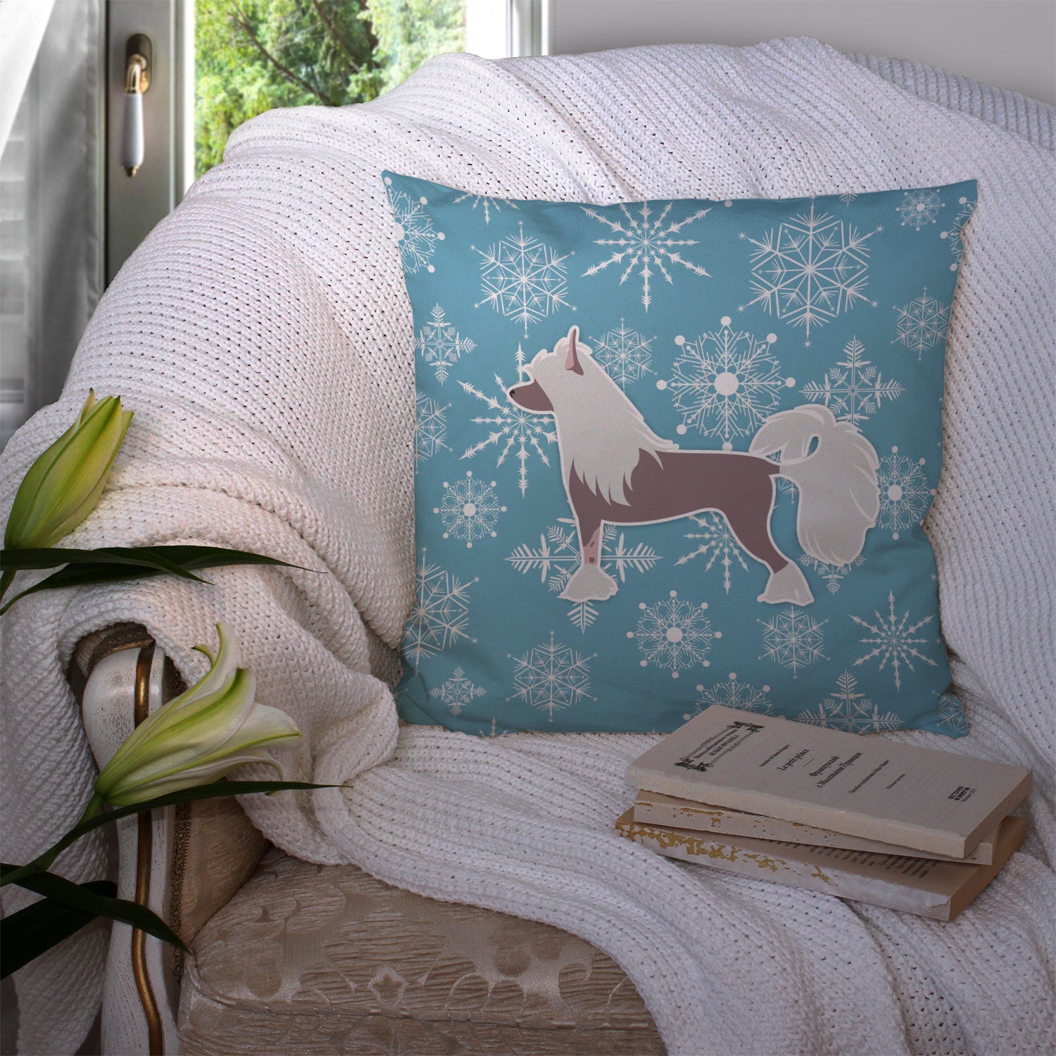 Winter Snowflake Chinese Crested Fabric Decorative Pillow BB3543PW1414 - the-store.com