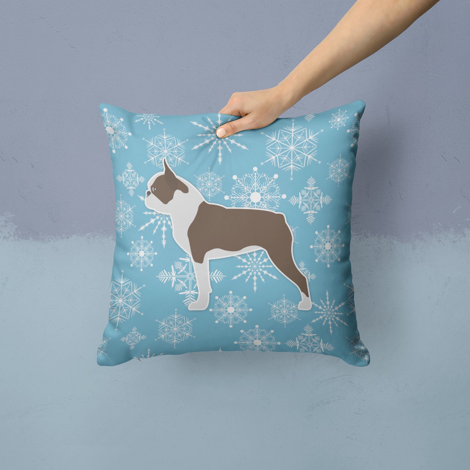 Winter Snowflake Boston Terrier Fabric Decorative Pillow BB3544PW1414 - the-store.com