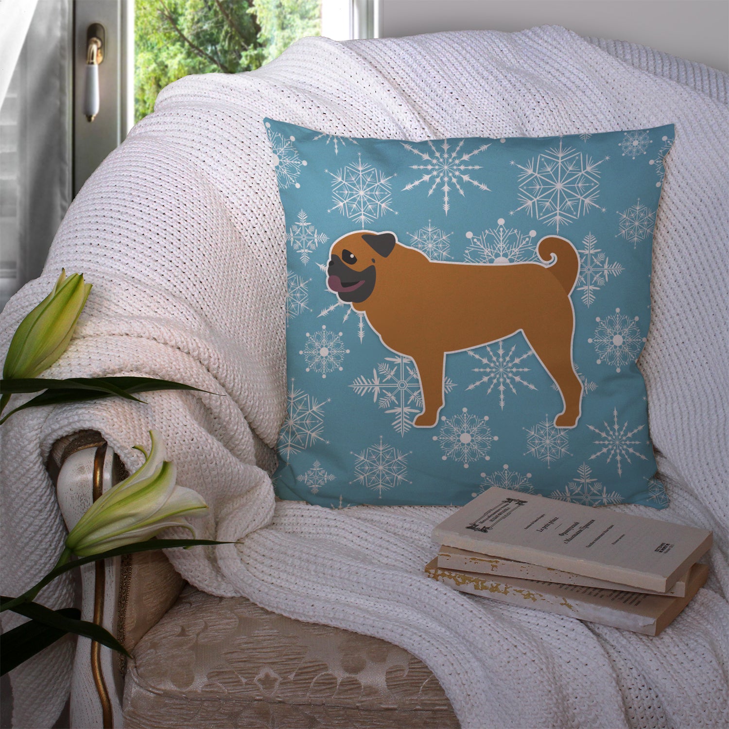 Winter Snowflake Pug Fabric Decorative Pillow BB3547PW1414 - the-store.com