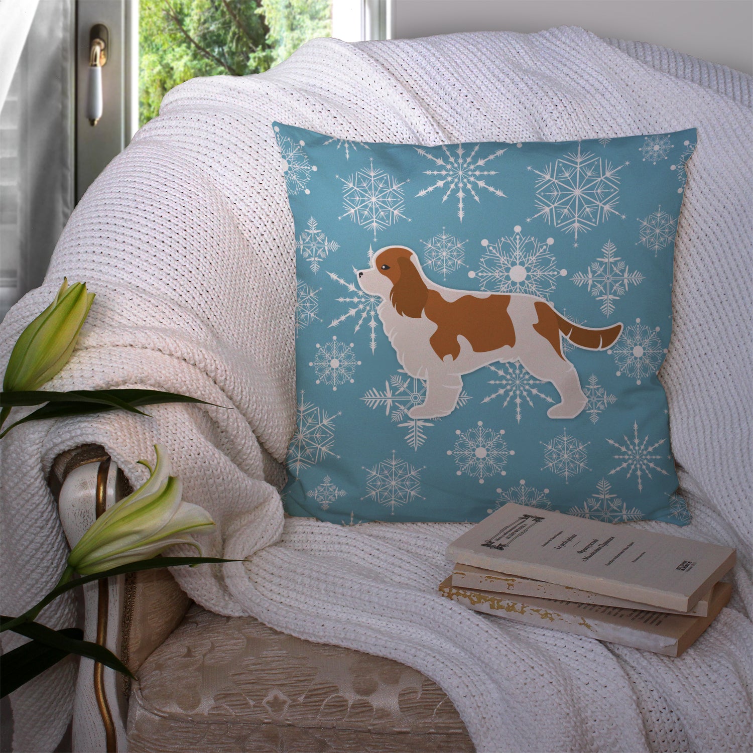 Winter Snowflake Cavalier King Charles Spaniel Fabric Decorative Pillow BB3549PW1414 - the-store.com