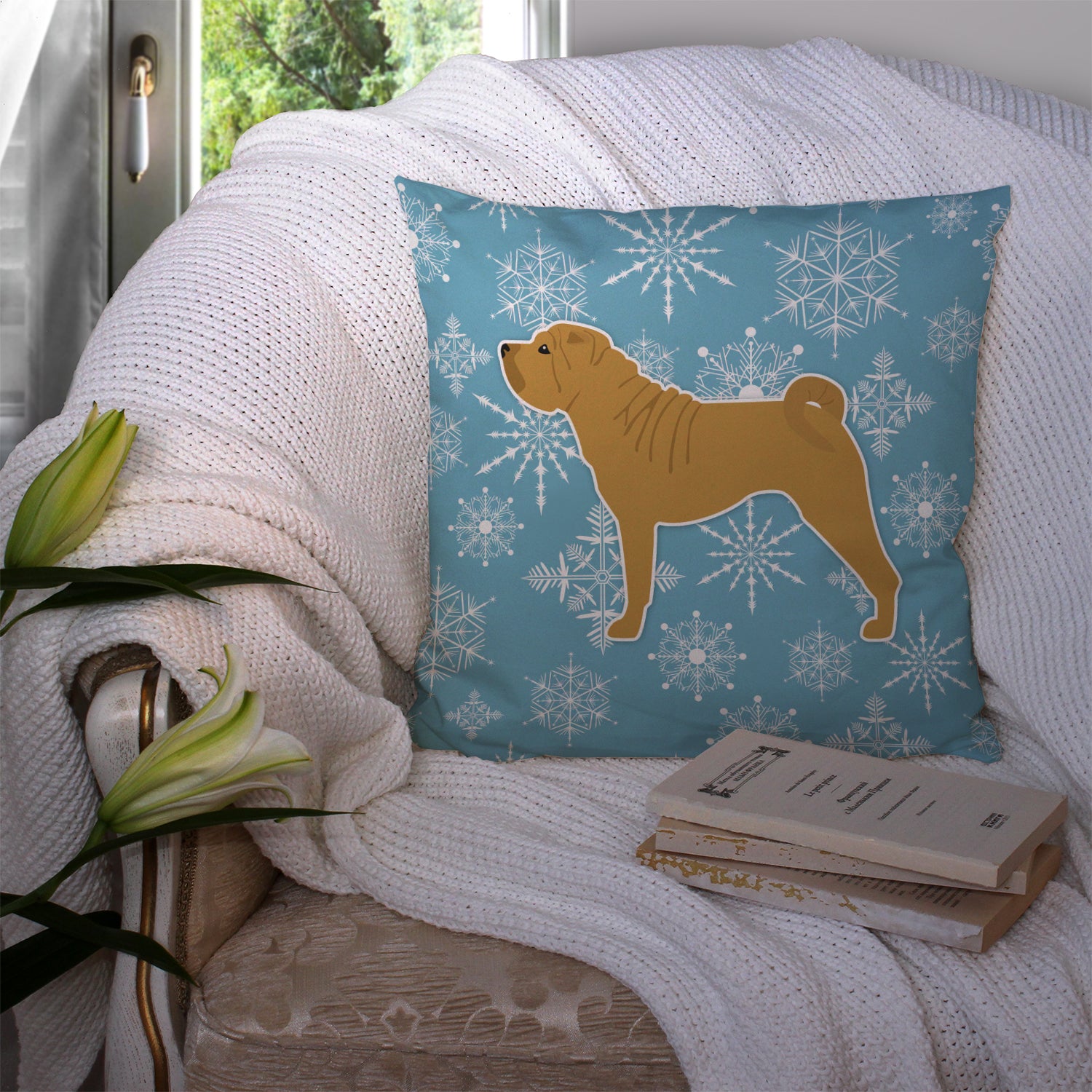 Winter Snowflake Shar Pei Merry Fabric Decorative Pillow BB3552PW1414 - the-store.com