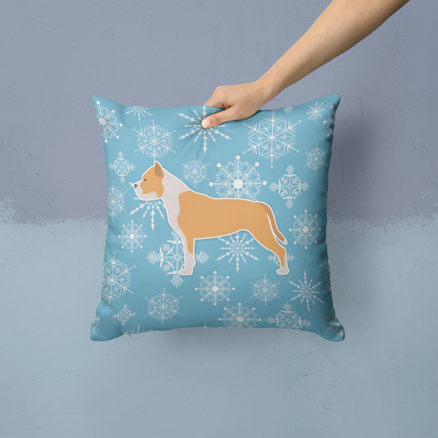 Winter Snowflake Staffordshire Bull Terrier Fabric Decorative Pillow BB3554PW1414 - the-store.com
