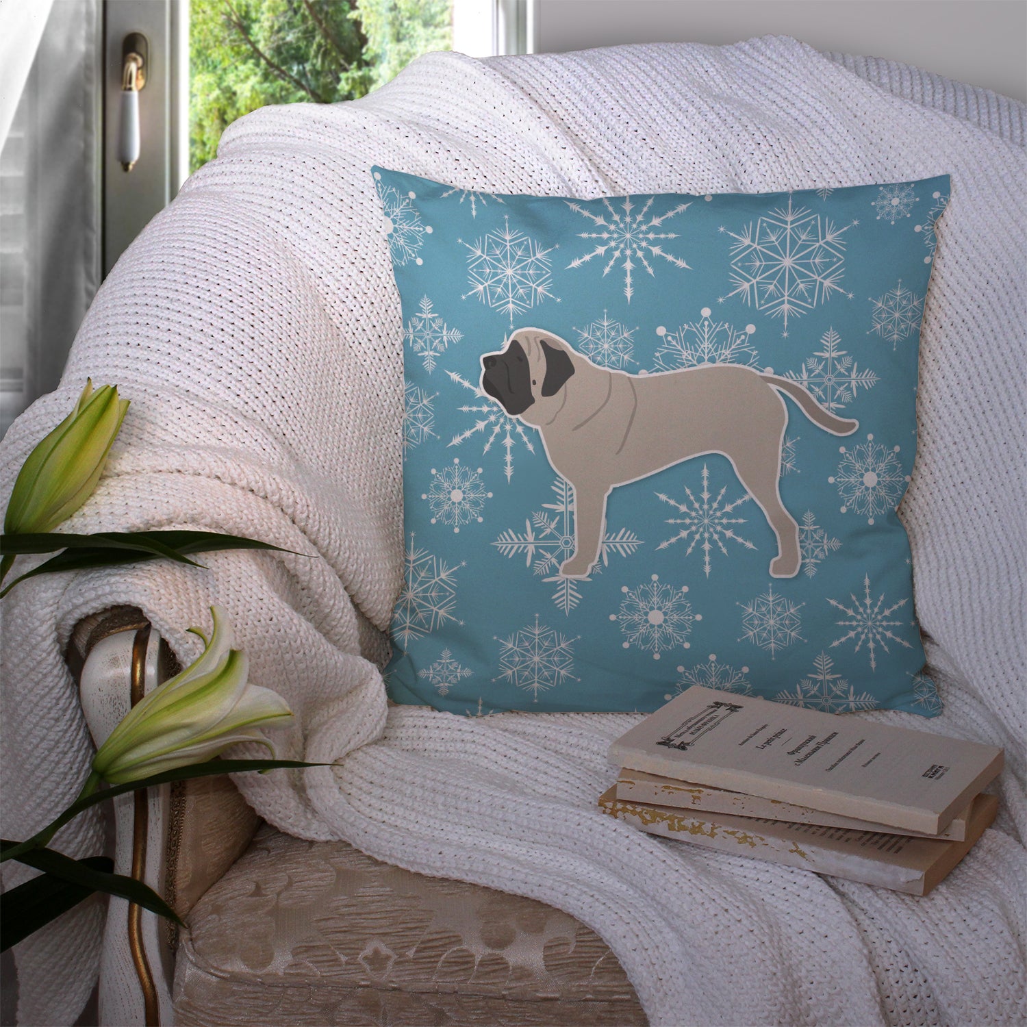 Winter Snowflake English Mastiff Fabric Decorative Pillow BB3556PW1414 - the-store.com