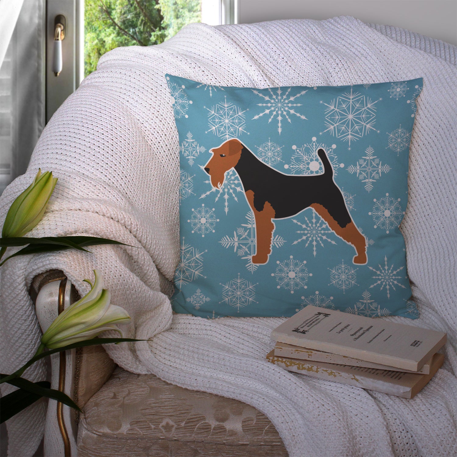 Winter Snowflake Airedale Terrier Fabric Decorative Pillow BB3557PW1414 - the-store.com