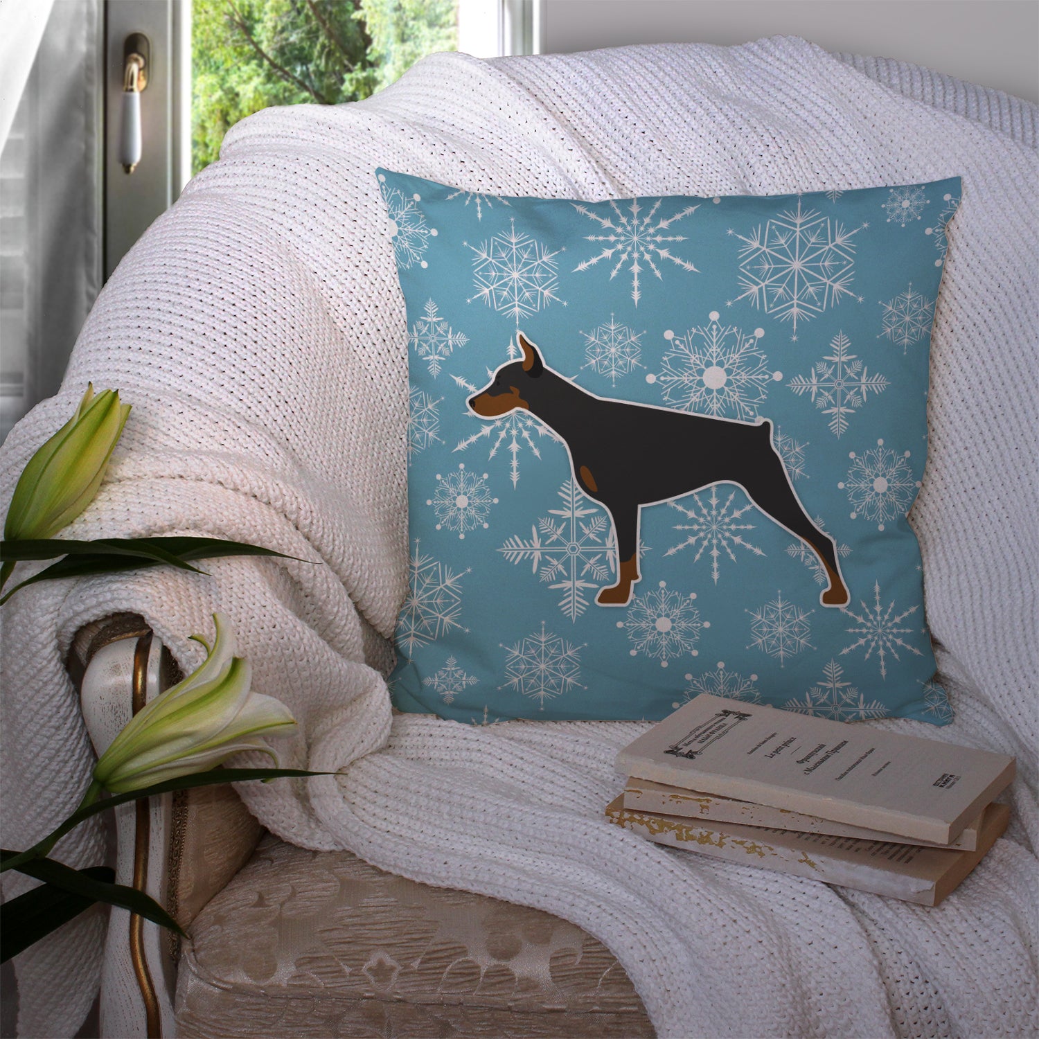 Winter Snowflake Doberman Pinscher Fabric Decorative Pillow BB3560PW1414 - the-store.com