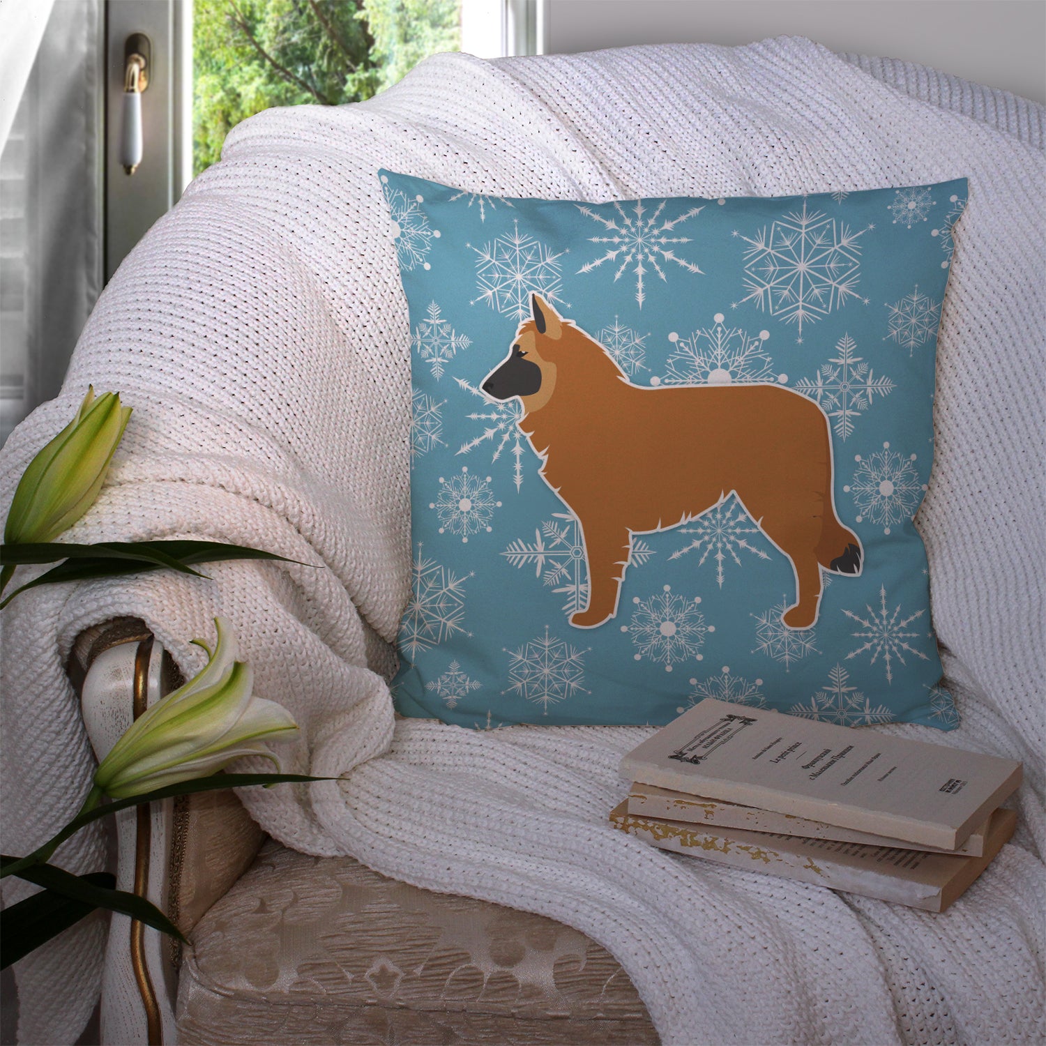 Winter Snowflake Belgian Shepherd Fabric Decorative Pillow BB3561PW1414 - the-store.com