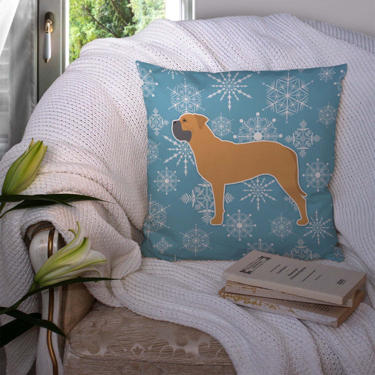 Winter Snowflake Bullmastiff Fabric Decorative Pillow BB3571PW1414 - the-store.com