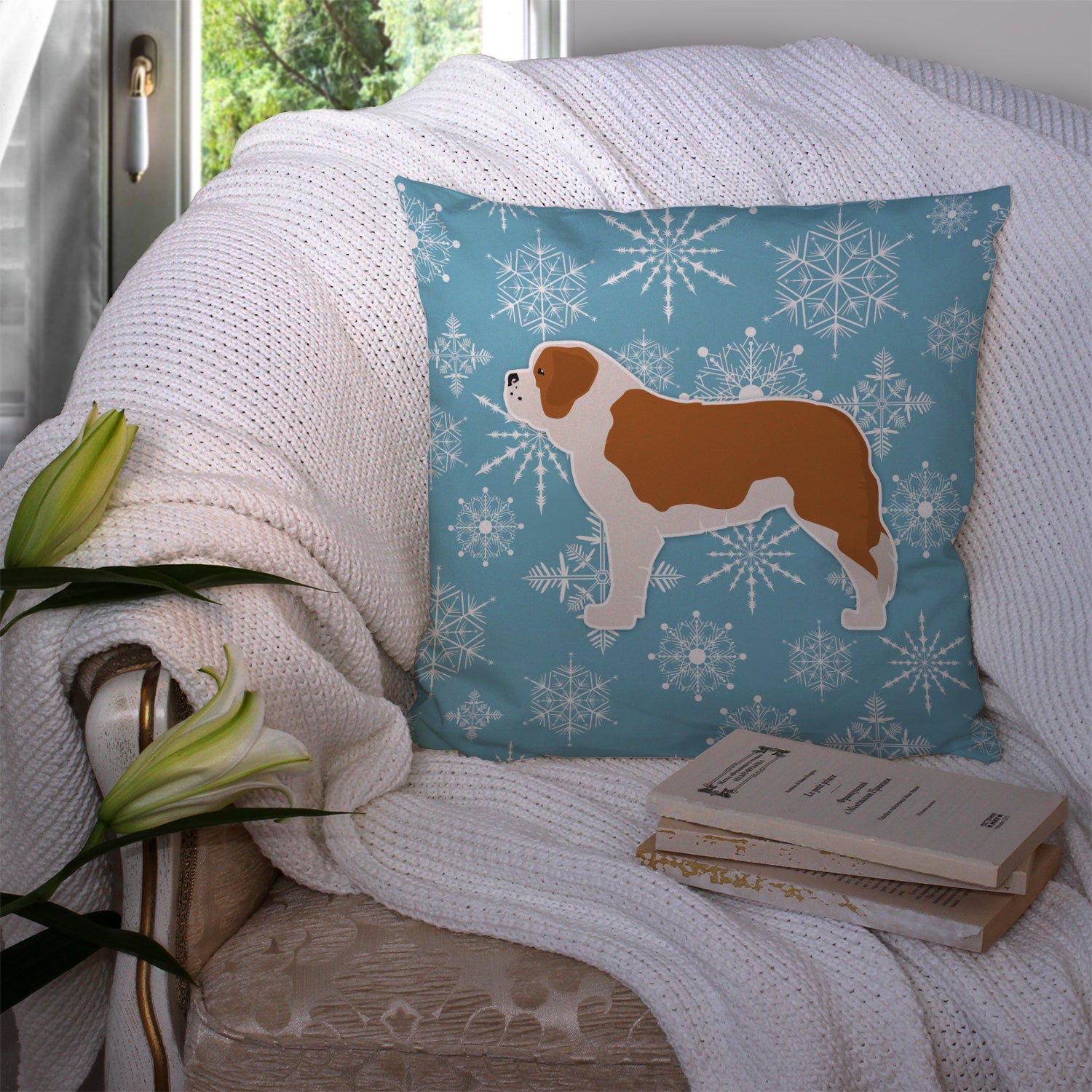 Winter Snowflake Saint Bernard Fabric Decorative Pillow BB3576PW1414 - the-store.com