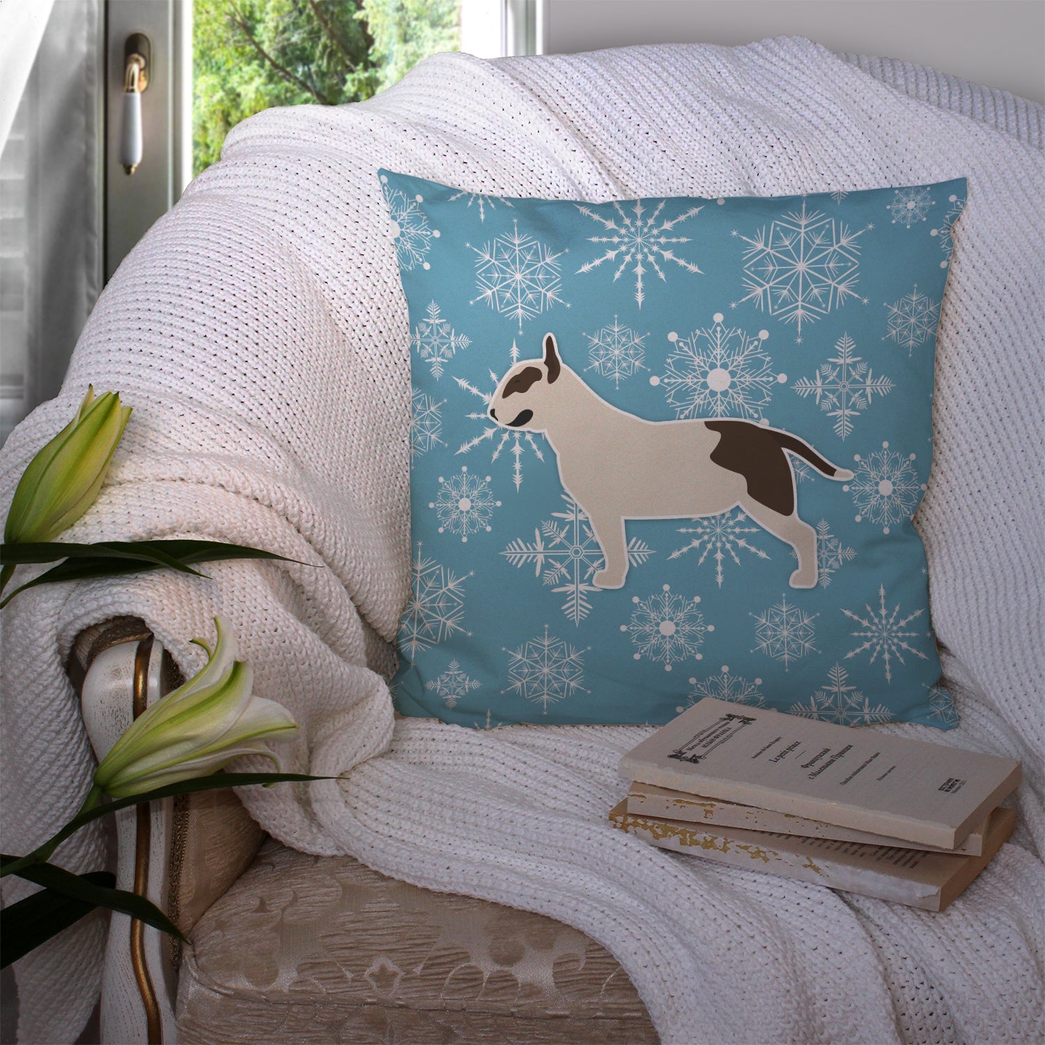 Winter Snowflake Bull Terrier Fabric Decorative Pillow BB3578PW1414 - the-store.com