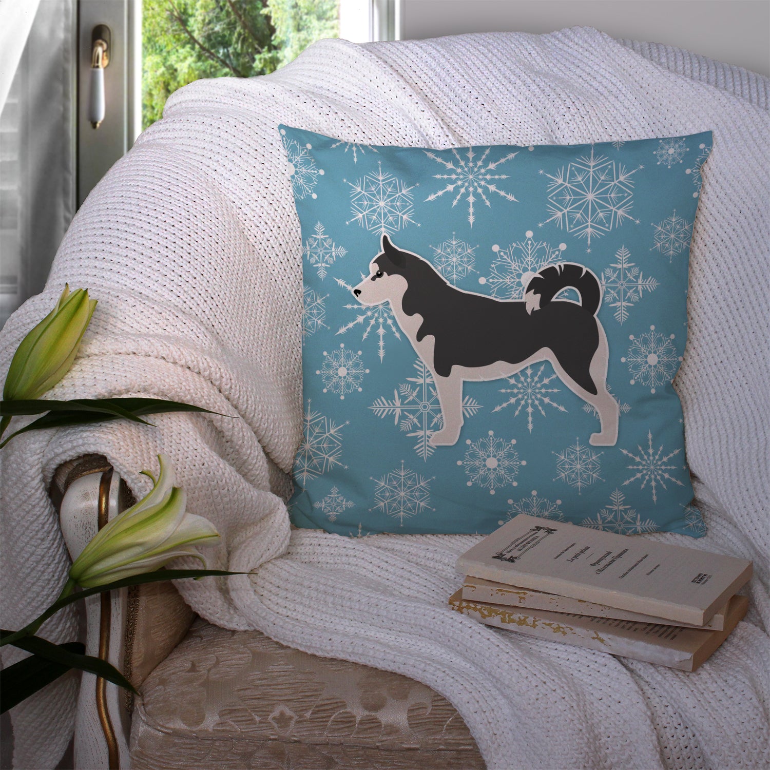 Winter Snowflake Siberian Husky Fabric Decorative Pillow BB3580PW1414 - the-store.com