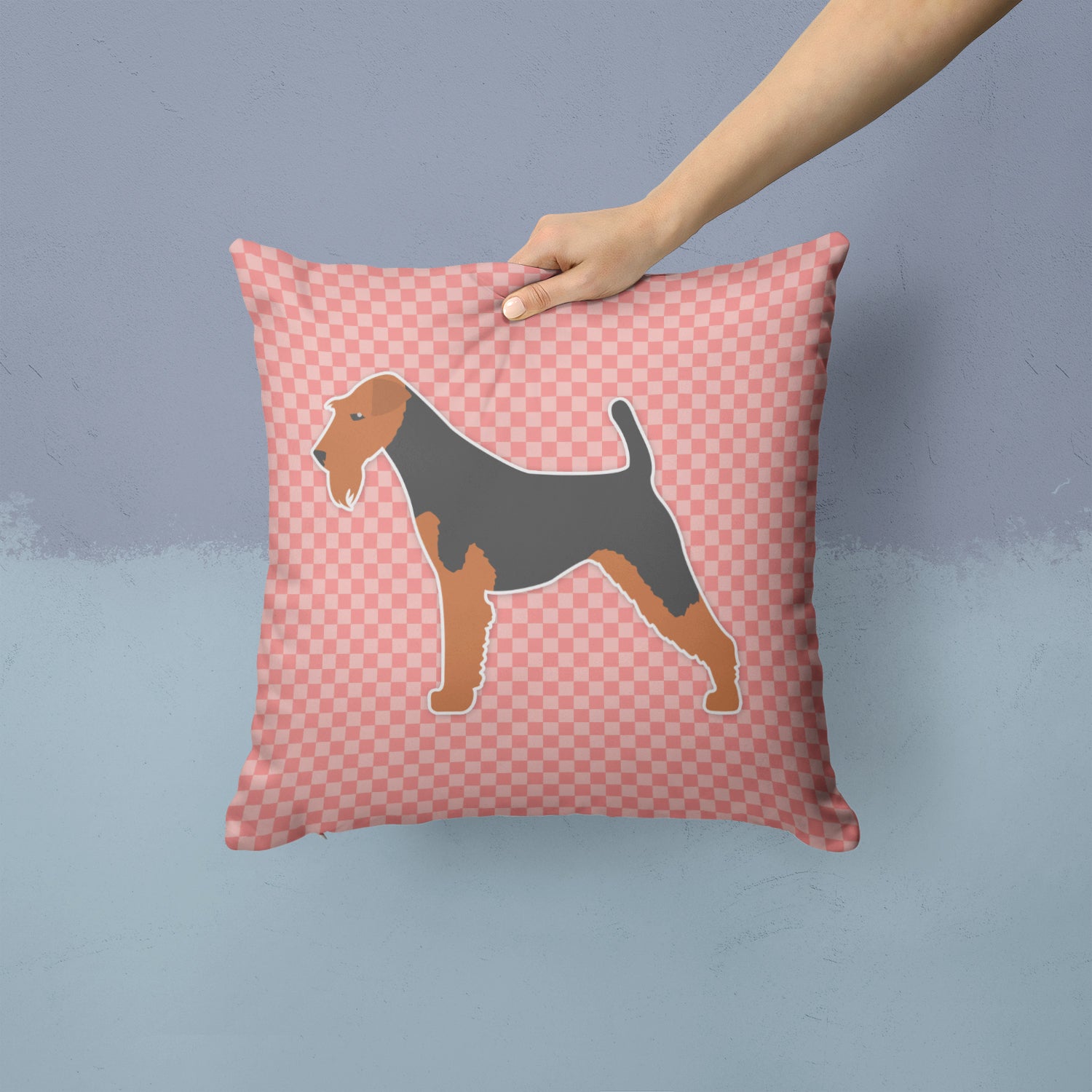 Welsh Terrier Checkerboard Pink Fabric Decorative Pillow BB3585PW1414 - the-store.com